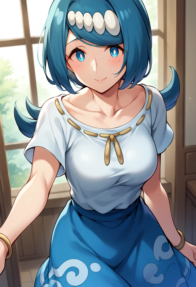 score_9, score_8_up, score_7_up, source_anime,
pokemonmotherlana, pokemonmotherlana, blue eyes, blue hair, freckles, hair ornament, long hair, swept bangs, bright pupils,
blouse, blue skirt, bracelet, collarbone, dress, jewelry, long skirt, shirt, short sleeves, skirt, white shirt,
indoors,
looking at viewer, cowboy shot, dutch angle,