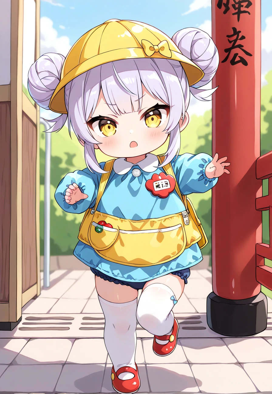 score_7_up,score_8_up,score_9, fullbody, solo, ((1girl, little toddler, short limbs, full body)), light purple hair, two buns hair, long sidelocks, yellow eyes, tsurime, (kindergarten uniform, yellow school hat), white thighhighs, Chinese dragon print thighhighs, brown kung-fu shoes, BREAK, one leg standing, fighting pose, open small mouth, serious look, BREAK, outdoor, Kindergarten, at the gate