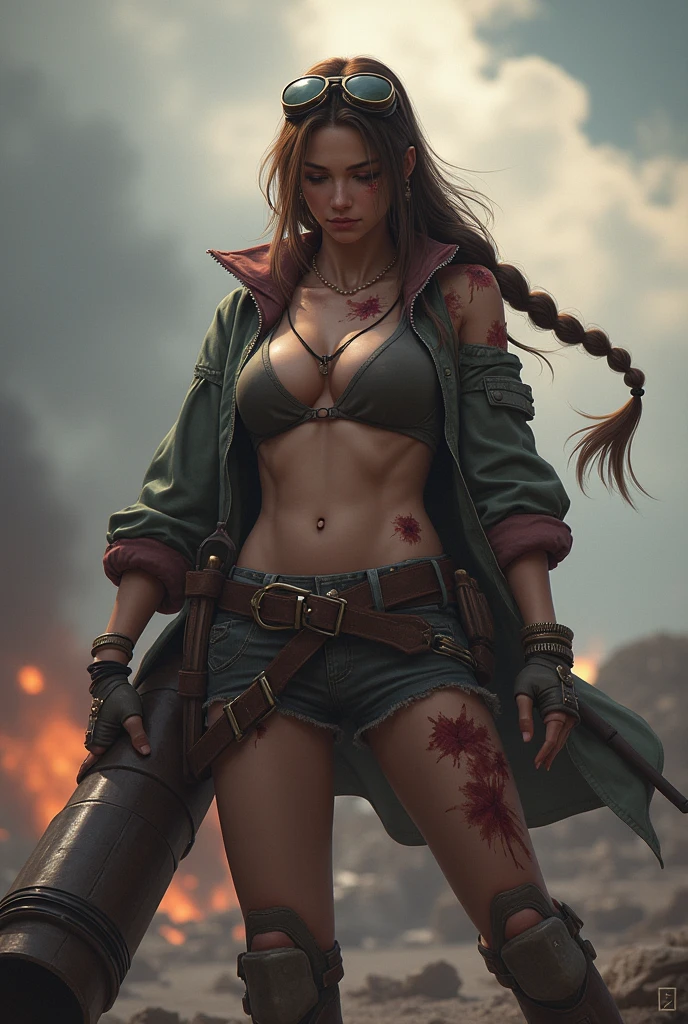 Three tanned red-haired women with very long hair stumbles through the streets of a ruined city with a naked wet upper body, and a bleeding gunshot wound in her left shoulder. An automatic rifle in her right hand, full of mud, blood, and wounds, and wearing a torn skirt. Explosions and fires ravaged the devastated city everywhere.