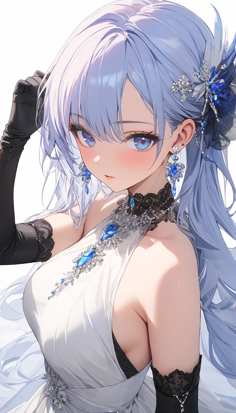 ((High resolution, accurate, Best Quality, masterpiece)), 1girl, solo, blue eyes, very long hair, earrings, jewelry, gloves, dress, black gloves, bare shoulders, breasts, white dress, elbow gloves, sleeveles,
