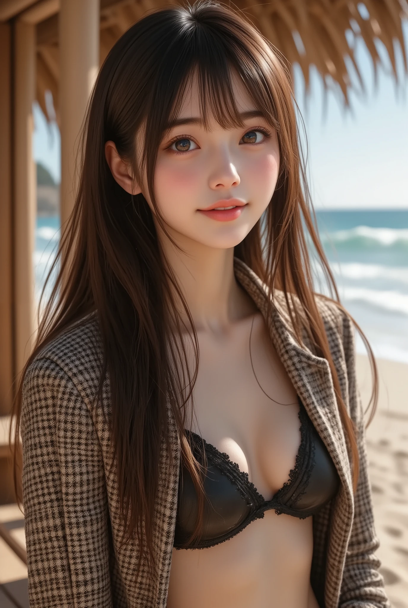 photo realistic,masterpiece, best quality, 8k, highres, ultra-detailed,HDR, UHD, studio lighting, ultra-fine painting, 1girl,solo,   long brown hair,   kind smile,  Mountain parka,very detailed Houndstooth pattern, black bikini, beach cafe Background,soft ocean waves spreading in the distance , Relaxed and cheerful atmosphere  ,  Warm Soft Lights 