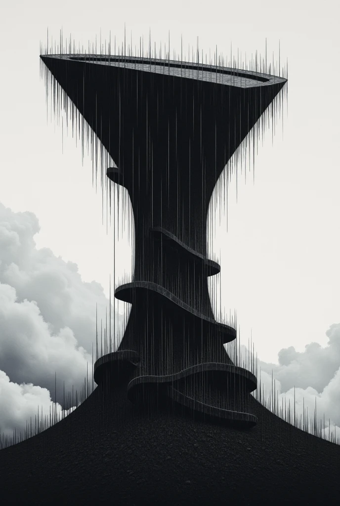 masterpiece, style,only use two-color abstract painting in ( dark black) and ( dark gray ), jet black tower shaped like an hourglass ,Stonework,Tower without roof ,Upside down spiral staircase , Countless columns like metal spines pierce the sky, The middle floor of the tower is blocked by clouds , high image quality, Minimalism  