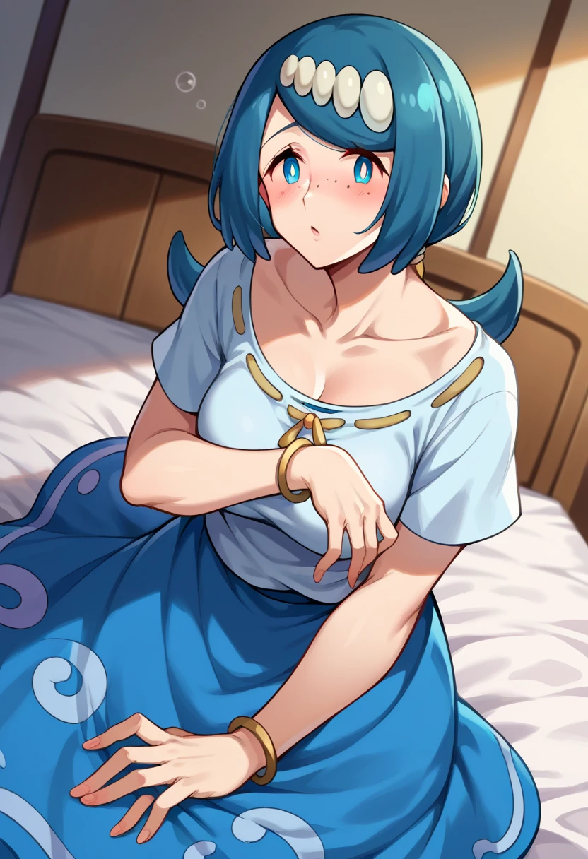 score_9, score_8_up, score_7_up, source_anime,
pokemonmotherlana, pokemonmotherlana, blue eyes, blue hair, freckles, hair ornament, long hair, swept bangs, bright pupils,
blouse, blue skirt, bracelet, collarbone, dress, jewelry, long skirt, shirt, short sleeves, skirt, white shirt,
indoors, bed, bed room, on side, blush, drunk,
looking at viewer, cowboy shot, dutch angle,