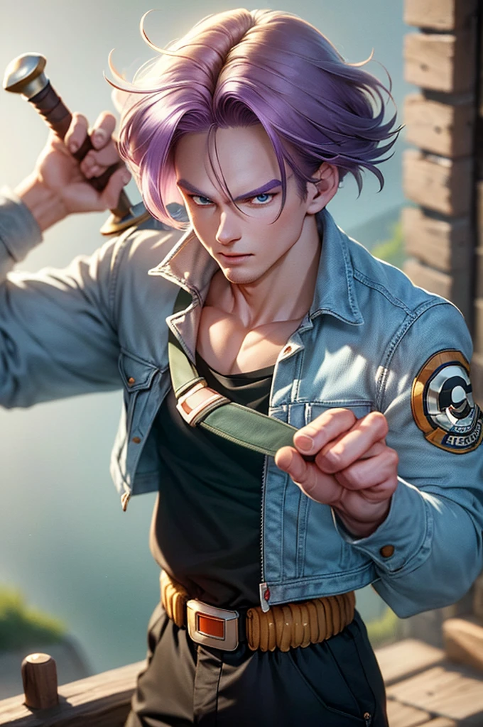 ( masterpiece ,  best quality :1.2), cowboy shot, Alone, masculine focus, 1 boy, trunks \(dragon ball\), Serious,  with your mouth shut, purple hair,  Blue Eyes, jacket, shirt, pants, sword