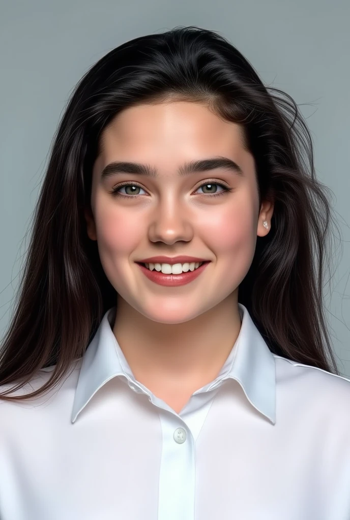 (masterpiece, best quality:1.3), 1girl, Alone, front view,
she wear white shirt.,
young Jennifer Connelly at , 
(the immaculate whiteness of her skin is accentuated.),
with cute face yet with precocious female body,
no make up, flawless pale skin, 
healthy youthful fresh succulent smooth fair skin,
joyful smile,
plump cheeks, 
scooped nose arched high with a turned-up tip,
plump blreasts, broad shoulders, 
shiny long dark hair fluttering,
(she is smiling tenderly with her squint eyes.),
under bright light illuminating on her face,
she is in a bright room.,