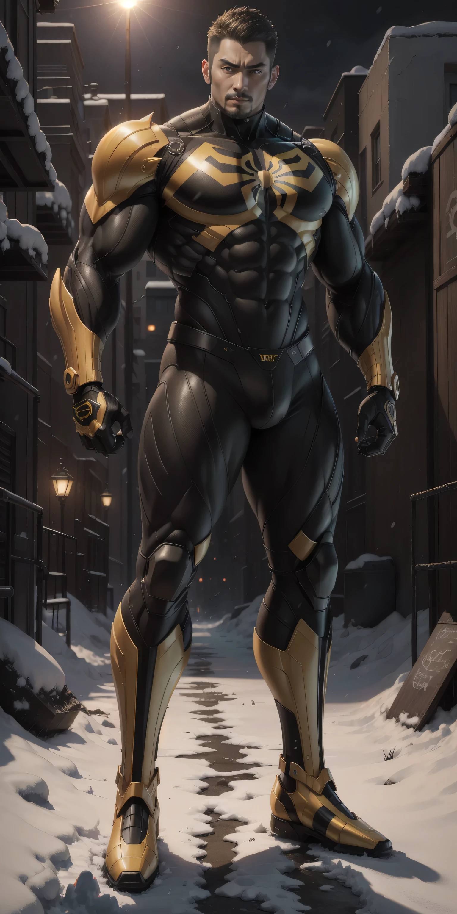 light brown skin, short curly hair, male, male, masculine, light brown skin, brown, brown hair, brown eyes, tight black body suit, black boots, large thighs, muscular, feminine body, slim waist, male, large hips, full body, one person, realistic