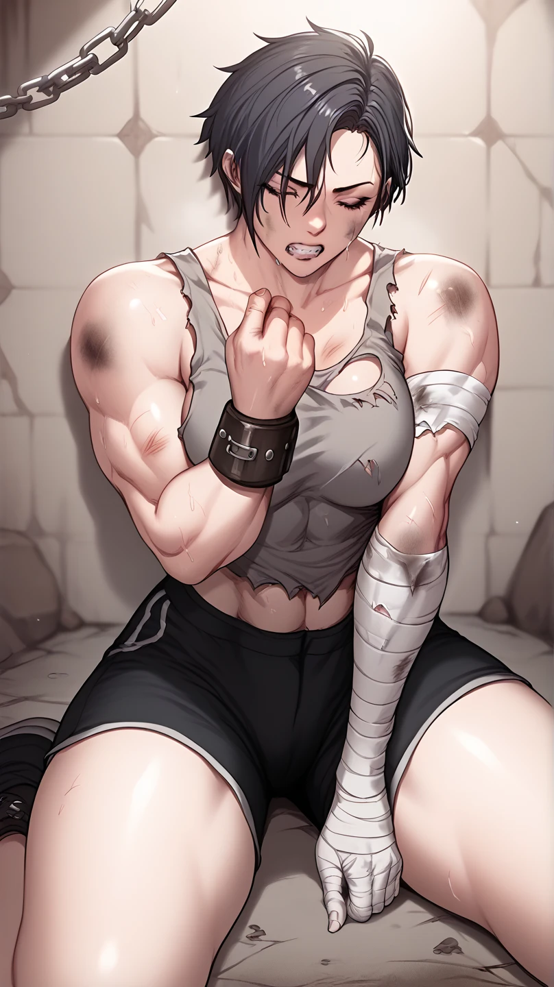 A muscular huge woman with black short hair, wearing a ripped tank top and dirty black shorts, bruises, bandages on arms, chains tied on wrists, sitting on the ground inside the dirty jail, grit teeth, looking psycho and mad. 