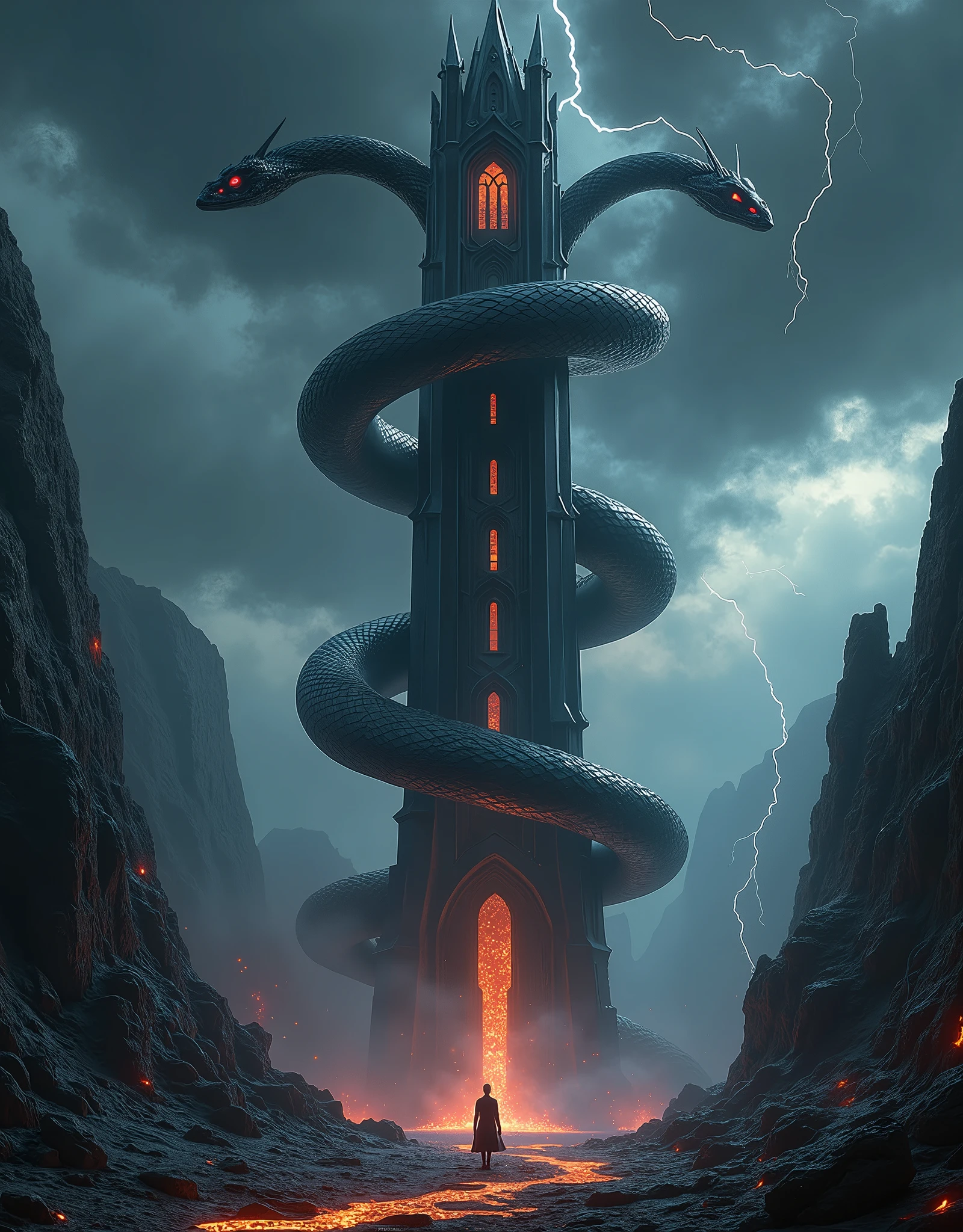 ((photo,maximum quality ,  high detail,realism,16k render )) a huge dark onyx tower , we stand at its foot and look up ,  a tower in the form of two intertwined snakes ,( built of dark polished onyx ), we stand at its foot and look up ,колдовская  The Dark Tower ,  is surrounded by a rocky landscape with cracks filled with glowing lava,reflected in the tower ,  above in the sky is a black raven the top of the tower , lightning in the dark thick clouds , highest resolution ,Mysticism,horrors, The Dark Tower  колдуна , a tower of two intertwined snakes ,lonely Gothic-style tower windows are illuminated in orange ,entrance from a wrought iron door ,(( on top of the tower, a Gothic-style dome and two snake heads looking at each other with red ruby eyes)), polished dark onyx ,reflects the flame , The Dark Tower ,