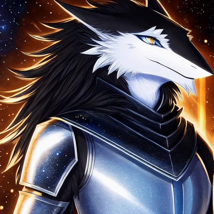 anthro male sergal, black:dark silver fur, close-up, is a holy knight, wearing shining white and gold armor, digital sketch, the background is galactic themed and has a mix luminous and radiance lighting.