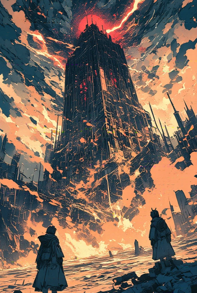 A view from the top of the Dark Tower looking down to the ground. Aerial photography by drone. A dynamic illustration. Large rocks and rubble are shown raining down towards the ground, which is crowded with buildings that appear small. The perspective emphasizes the enormous scale and power of the tower, creating a sense of vertigo and height. The overall atmosphere is dramatic and awe-inspiring.