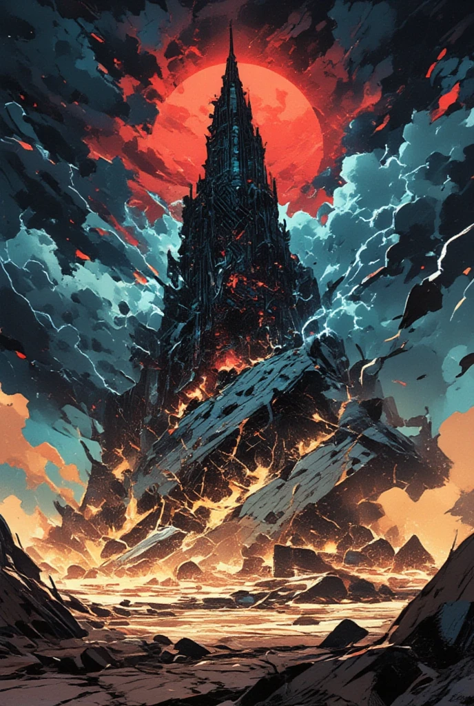 Create an illustration of a Dark Tower rising dramatically from the ground. The scene will show the Tower emerging from the ground with great force, cracking and rising from the ground around it. Draw a dynamic cloud of dust and large chunks of rock and dirt raining down. The Tower itself is dark and imposing, with intricate detail and an ominous presence. Include in the background a stormy sky, swirling clouds, lightning and a red sun for added dramatic effect. The overall atmosphere is one of power, mystery and awe.