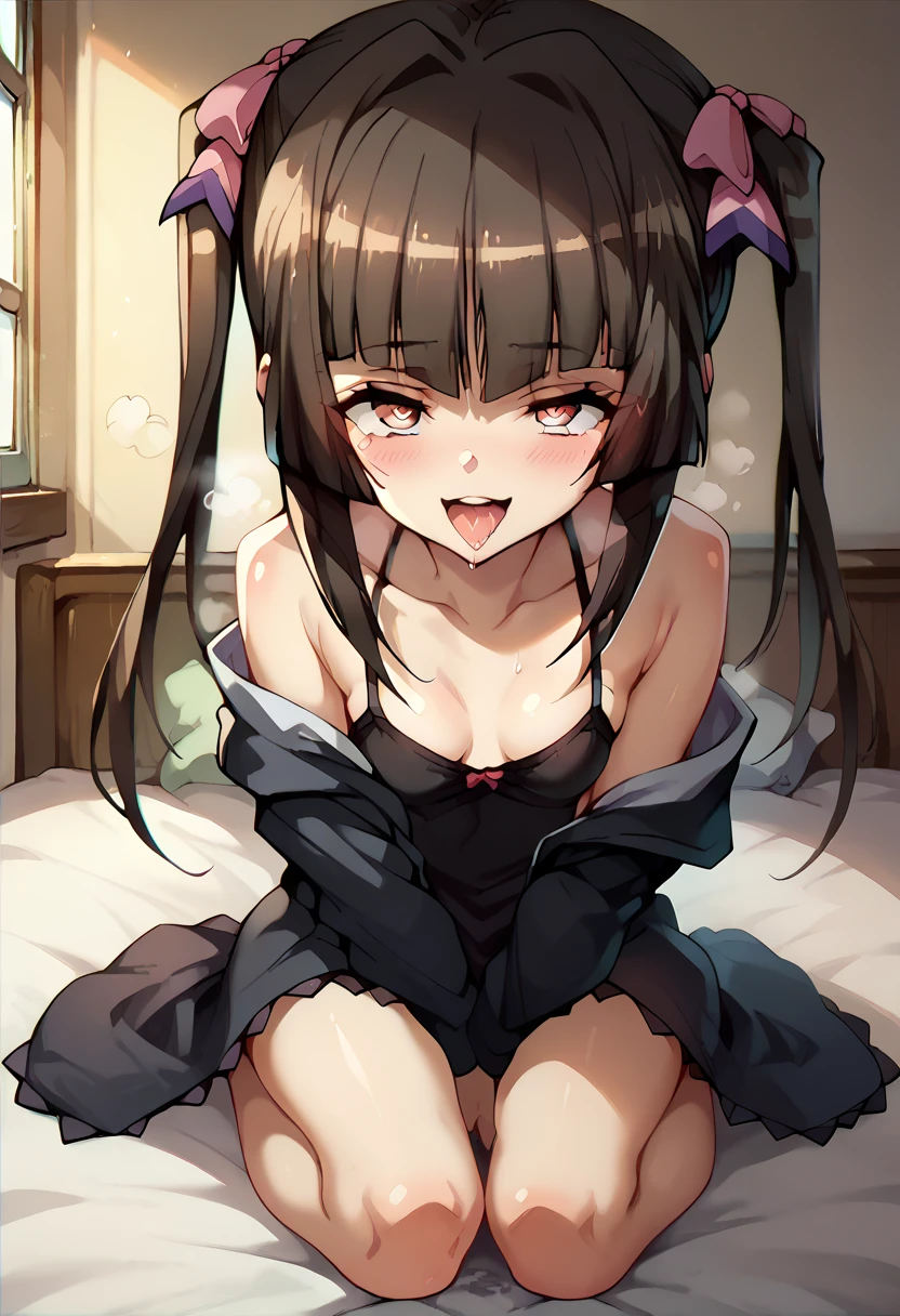 shirabe tsukuyomi,black dress,open clothes,in the bed,crawling position on their hands and knees,deep masturbation,steam,smile,ahegao,tremble body,nsfw