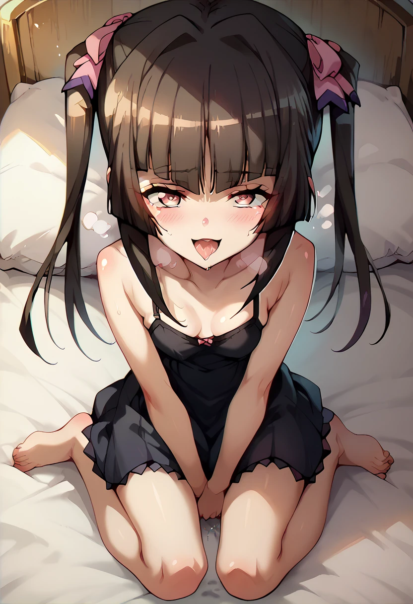 shirabe tsukuyomi,black dress,open clothes,in the bed,crawling position on their hands and knees,deep masturbation,steam,smile,ahegao,tremble body,nsfw