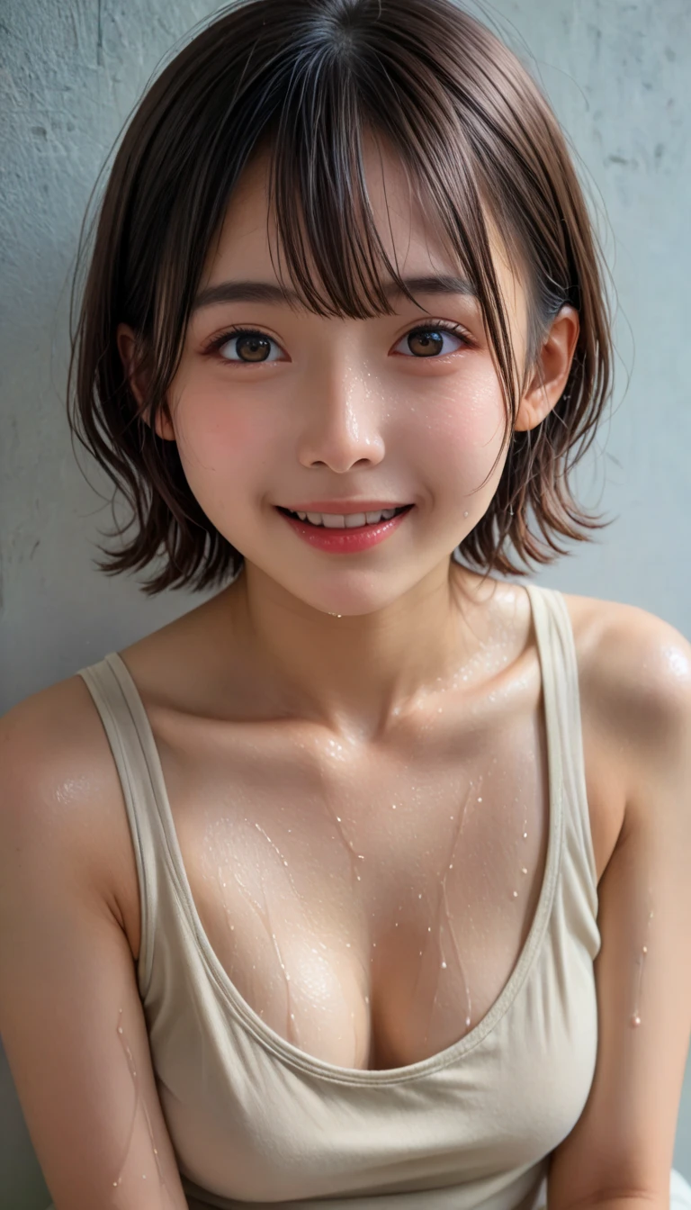 ( 1 girl)、 very cute face、 great face and eyes、( very detailed eyes、 very detailed face)、Fresh、 very beautiful appearance、(超 real、 high definition )、( top quality:1.4)、 RAW photos 、( real、 real:1.37)、 professional photos  (、 short hair )、 ((very light and wet beige tank top:1.2))、 cleavage、( off the shoulder )、Laugh a little、(look at me)、bedroom、 girl portrait、(( small breasts))、(勃起した乳首:1.1)、 off the shoulder 、************