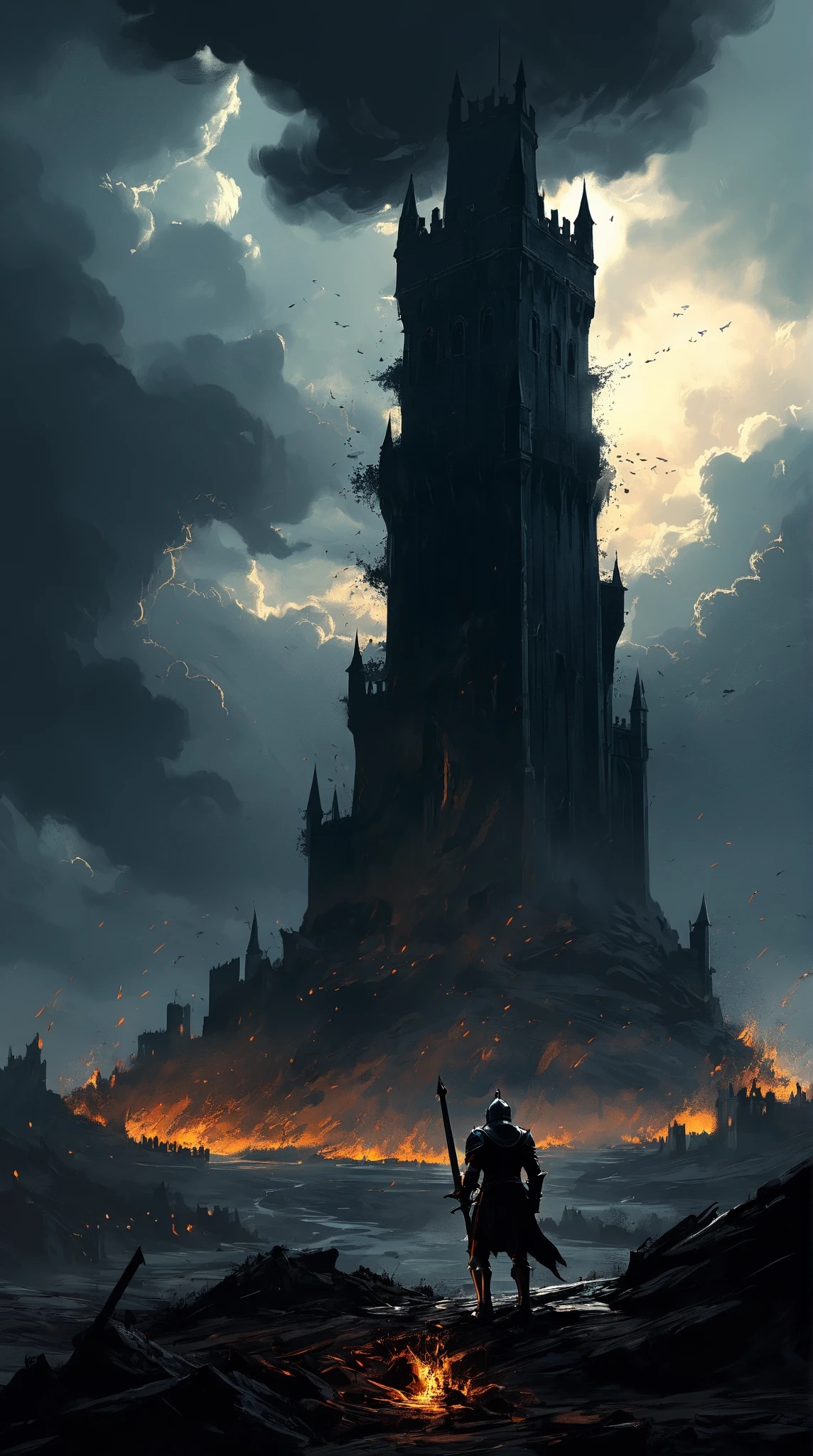 scenery picture in style (concept art:1.3) of a (gigantic black tower :1.3) with fire windows and doors, a small (silhouette:1.3) low-angle from-behind of a (knight:1.3), illustration, (splash art), wallpaper, {style of Benedick Bana|style of Christopher Balaskas|style of Noah Bradley}, burning the ground, senses of dread, (fantasy theme, epic vibe), set in medieval, knight final stand, (amazing background:1.3), (dramatic clouds), dark sky, (meteors fall), dramatic lighting, intricate detailed, cinematic, high-resolution image.