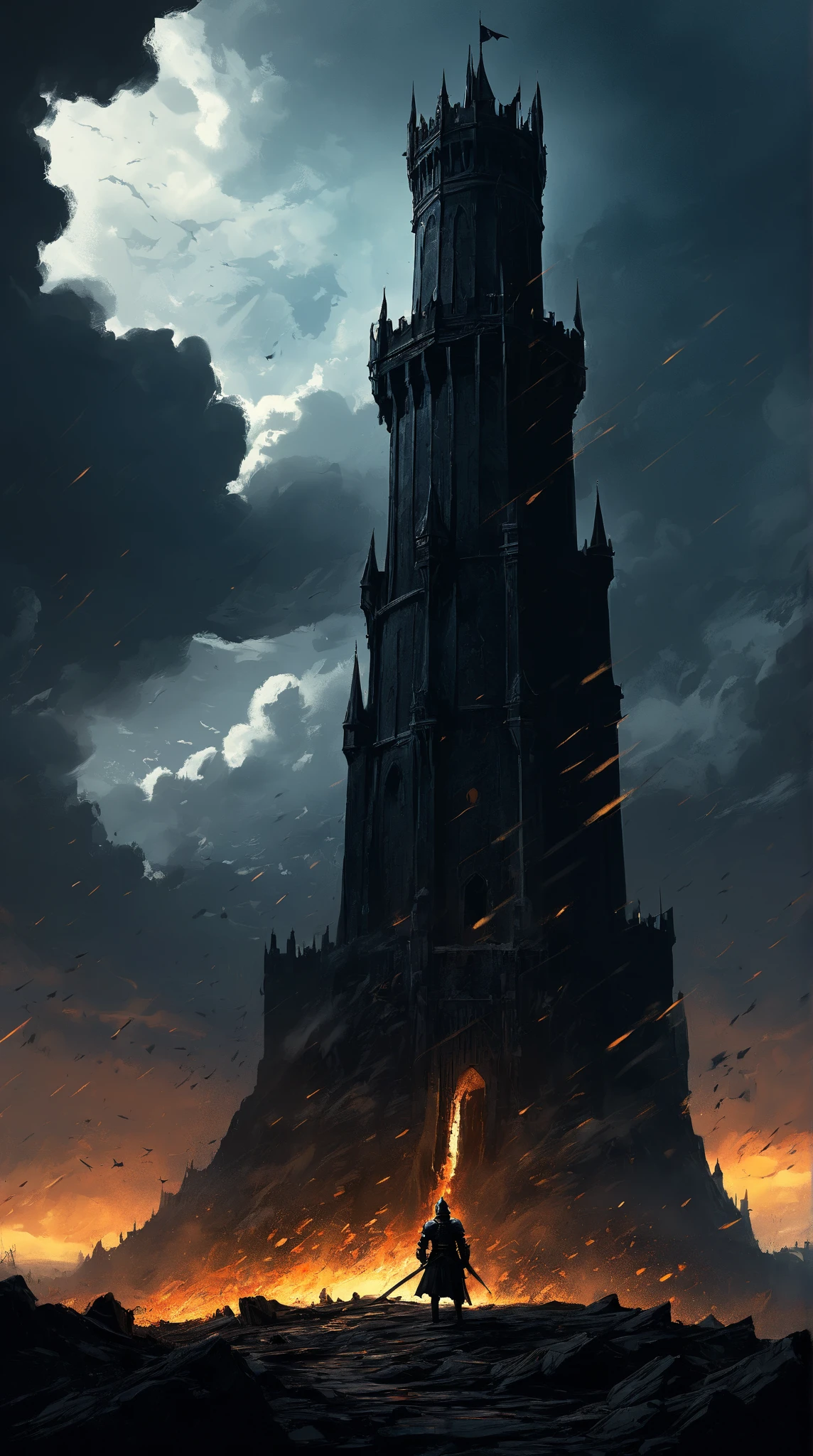 scenery picture in style (concept art:1.3) of a (black tower :1.3), silhouette low-angle from-behind of a (knight:1.3), illustration, (splash art), wallpaper, {style of Benedick Bana|style of Christopher Balaskas|style of Noah Bradley}, burning the ground, senses of dread, (fantasy theme, epic vibe), set in medieval, (amazing background:1.3), (dramatic clouds), over bright thunder light, dramatic lighting, intricate detailed, cinematic, high-resolution image.