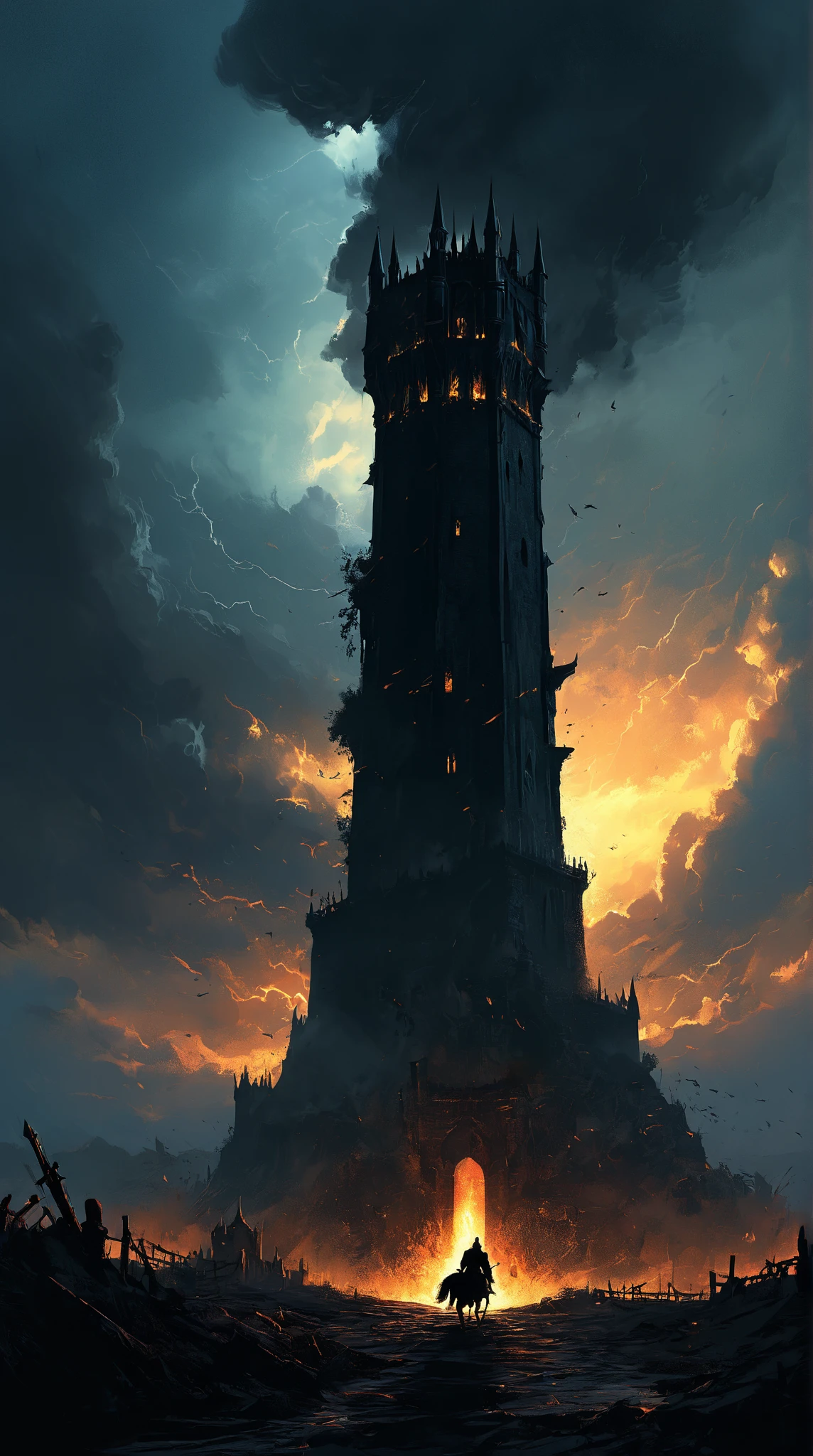 scenery picture in style (concept art:1.3) of a (gigantic black tower :1.3) with fire windows and doors, a small (silhouette:1.3) low-angle from-behind of a (knight:1.3), illustration, (splash art), wallpaper, {style of Benedick Bana|style of Christopher Balaskas|style of Noah Bradley}, burning the ground, senses of dread, (fantasy theme, epic vibe), set in medieval, knight final stand, (amazing background:1.3), (dramatic clouds), dark sky, (meteors fall), dramatic lighting, intricate detailed, cinematic, high-resolution image.