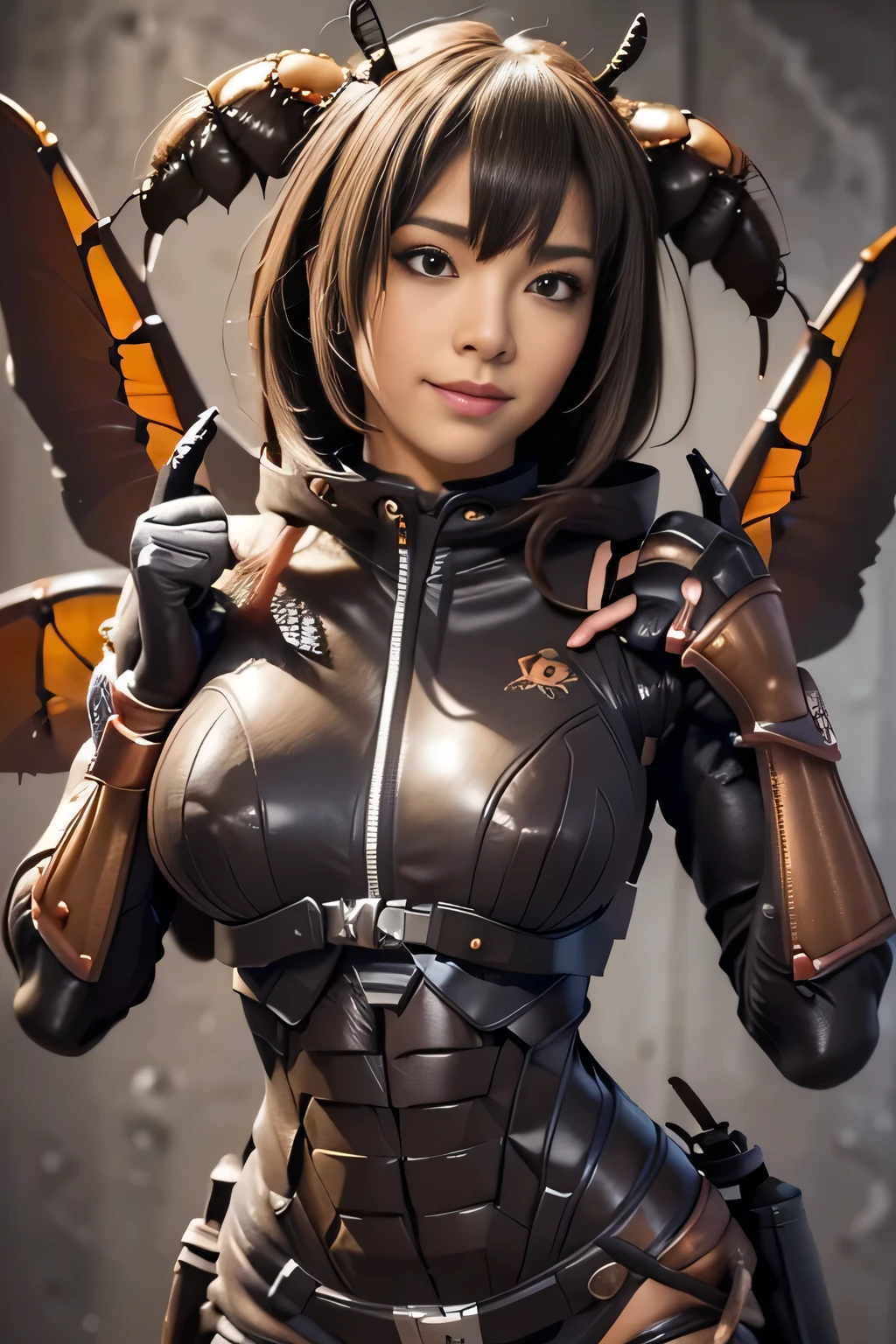 (high resolution,masterpiece,best quality,extremely detailed CG, anime, official art:1.4), realistic, photo, amazing fine details, all intricate, gloss and shiny,awesome many layers, 8k wall paper, 3d, sketch, kawaii, illustration,( solo:1.4), perfect female proportion,villainess, (fusion of dark brown cockroach and lady:1.4), (brown cockroach form lady:1.2), (brown cockroach lady:1.2), (fusion:1.2), (solo:1.4), (evil smile:1.2), muscular, abs, (cockroach brown exoskeleton bio insect suit:1.4), (cockroach brown exoskeleton bio insect armor:1.2), (brown transparency cockroach wing:1.4), (brown cockroach antennae:1.3),