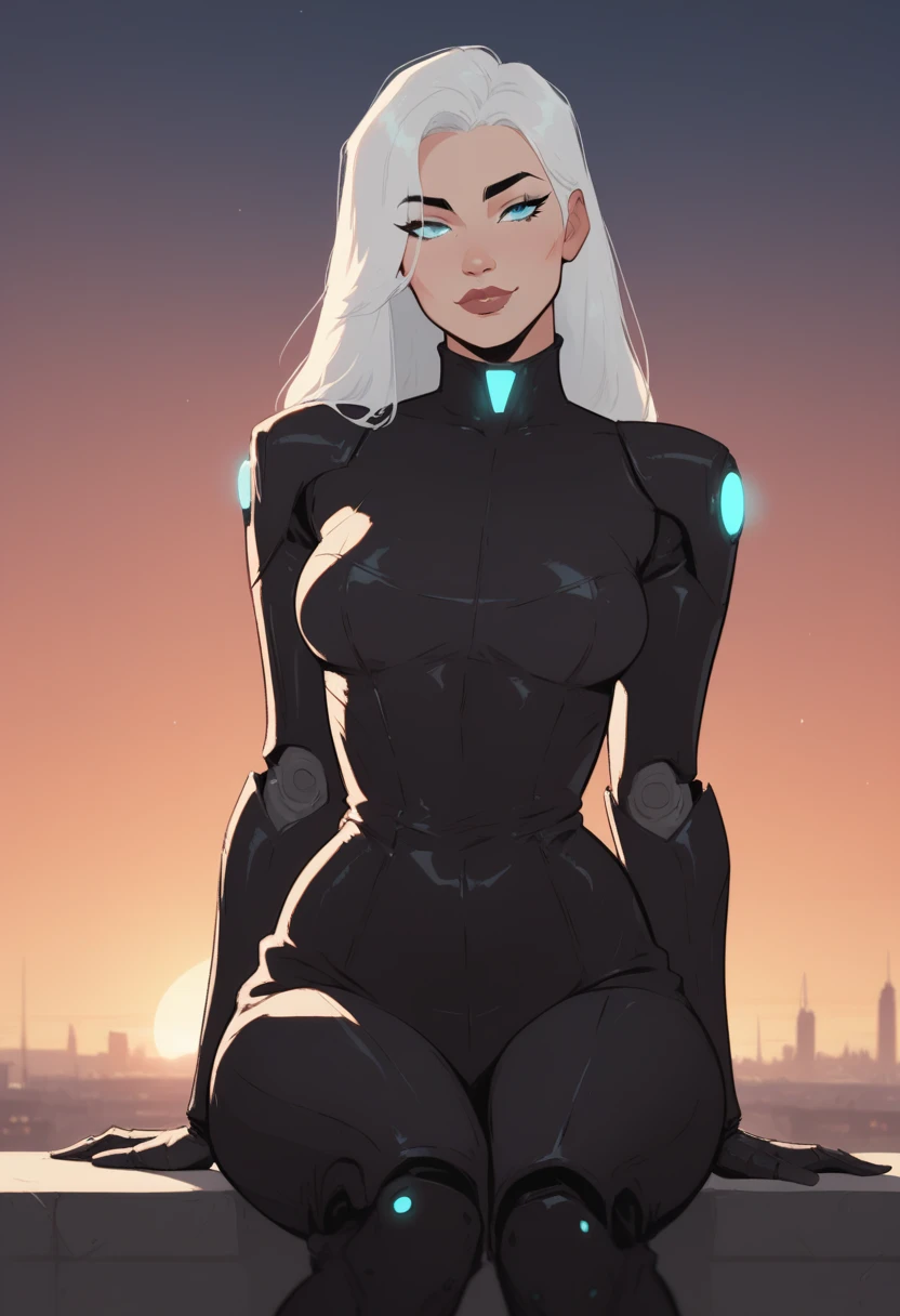 score_9, score_8_up, score_7_up, Western Comics, Portrait, android girl, glossy black, cute, seductive, innocent, light smile:0.3, plump lips, slender body, mechanical arms, dark mood, dystopia, glowing, looking at viewer, sitting, long hair, bokeh moonlight passing through hair, sunrise, distopian futuristic city background, depth of field, dynamic angle, fashion photography, sharp, hyperdetailed:1.15