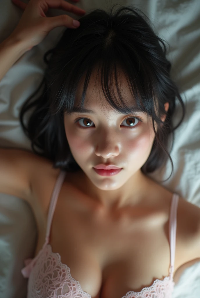 A young beautiful girl, freckled face, black hair, full lips, small neat nose, big eyes, makeup 