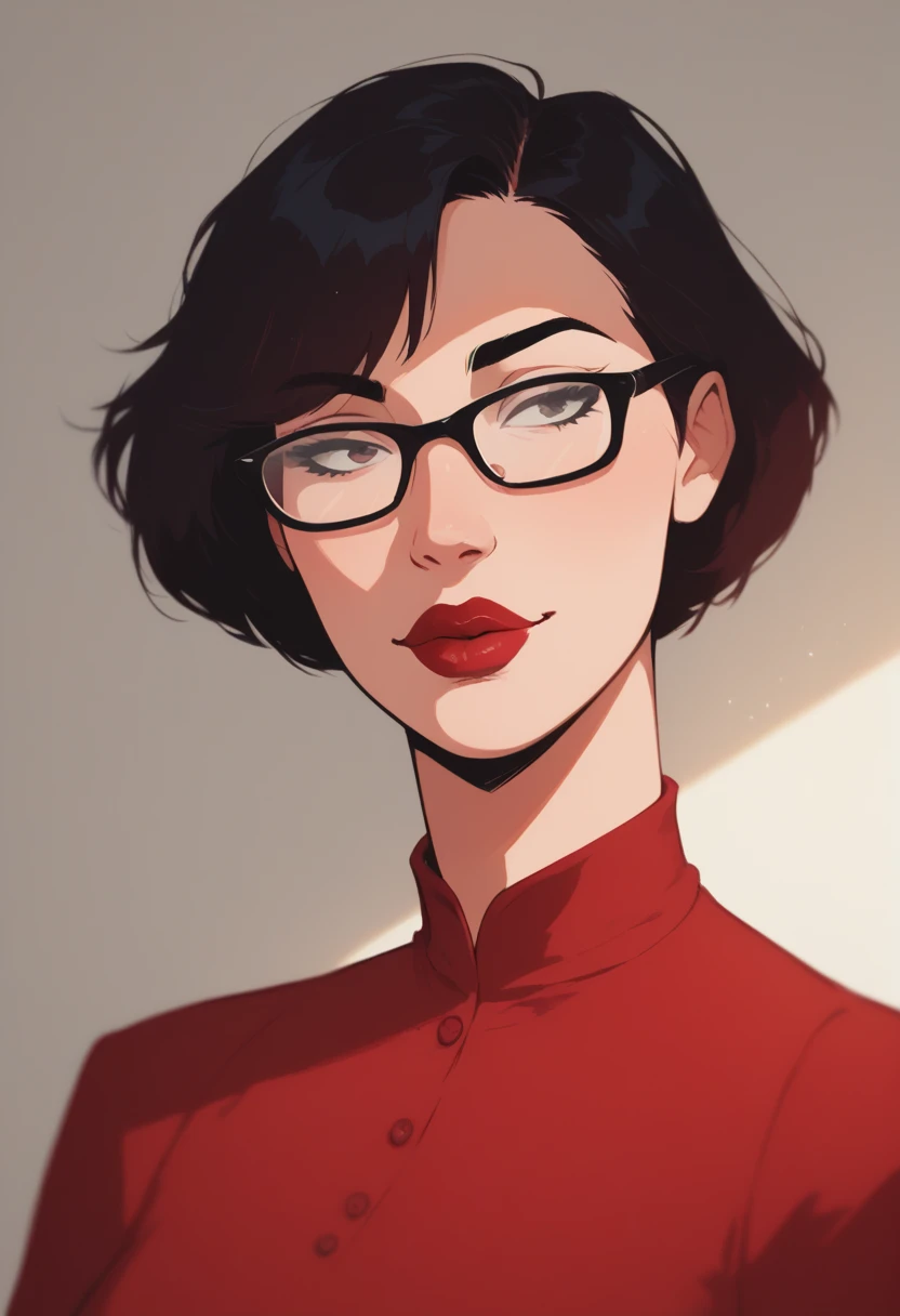 score_9, score_8_up, score_7_up, Western Comics, Portrait, girl, tunisian, cute, seductive, innocent, light smile:0.3, plump lips, slender body, short hair, slender, red lips, wearing glasses, wearing high detailed red dress, flirting, soft light passing through hair, side lighting, reflected light, depth of field, dynamic angle, fashion photography, sharp, hyperdetailed:1.15