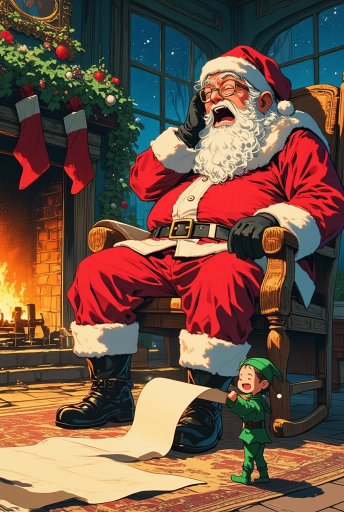 a manga illustration image of a giant Santa Claus wearing a small glasses, trying to cover his mouth while yawning on his rocking chair. It is inside his cozy house at night, Santa is sitting beside a fireplace. A cute chibi elf is reporting to Santa Claus, holding a very long scroll in his hands that flows across the floor like a wave. The camera is shot in a low angle to capture the size difference between a tiny elf and the gigantic Santa Claus.