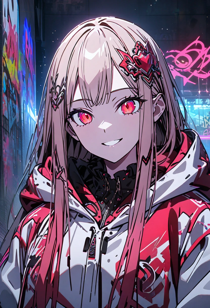 masterpiece,  top quality, 8k, detailed background, masterpiece,  top quality, smile,  ornament,  hoodie, Portraiture, Neon Red, graffiti, dark, night, Shining Eyes,  black light ,Shiranuhi frill 