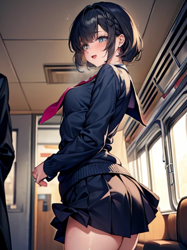 girl、Black short bob、Small breasts、Erect nipples、the body is wet with sweat、Lewd face、Lewd face、Open your mouth and stick out your tongue、in the train、View from below、 High resolutionの美しい黒い目、Anatomically perfect body, (thin)、(high school girl), (Black blazer uniform、White shirt, Black pleated skirt), (Pussy juice:1.2),  (Look down), (hug my chest:1.2)、Leaning forward、(Highest quality)、(8K, High resolution)、Showing nipples under a shirt、(Wide Shot), (Inner thighs)