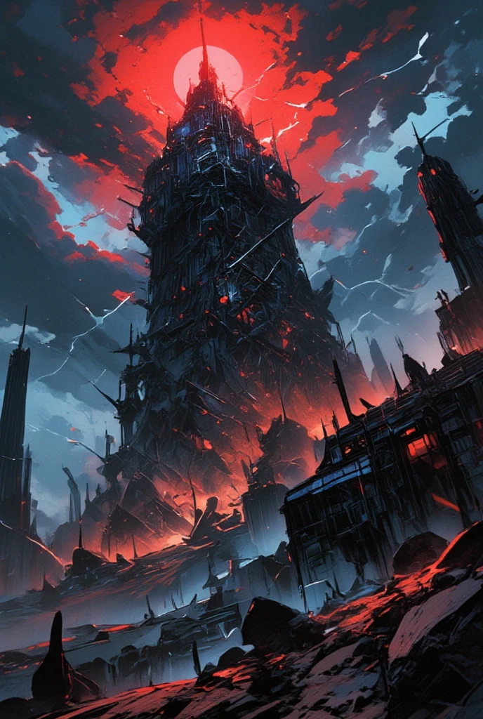 Create an illustration of a Dark Tower rising dramatically from the ground. The scene will show the Tower emerging from the ground with great force, cracking and rising from the ground around it. Draw a dynamic cloud of dust and large chunks of rock and dirt raining down. The Tower itself is dark and imposing, with intricate detail and an ominous presence. Include in the background a stormy sky, swirling clouds, lightning and a red sun for added dramatic effect. The overall atmosphere is one of power, mystery and awe. A perspective looking down from the top of the tower.