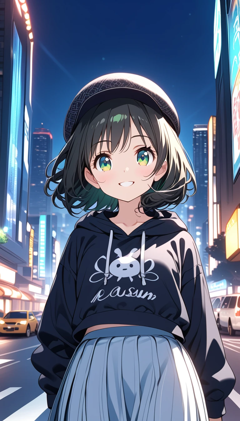 {{{masterpiece}}}, {{{ top quality}}}, {{ ultra detailed }}, { beautiful,  detail eyes},  1 girl , Alone, (( black hair)),  bob cut, (( green eyes)), (wavy hair ), (pattsun maegami), Black headphones, , (cute black patterned hoodie ), cute black patterned hat,( cute black long skirt) is a smiling face ,tooth,pattsun maegami,Midea, black hoodie, jade colored eyes,Night City,
