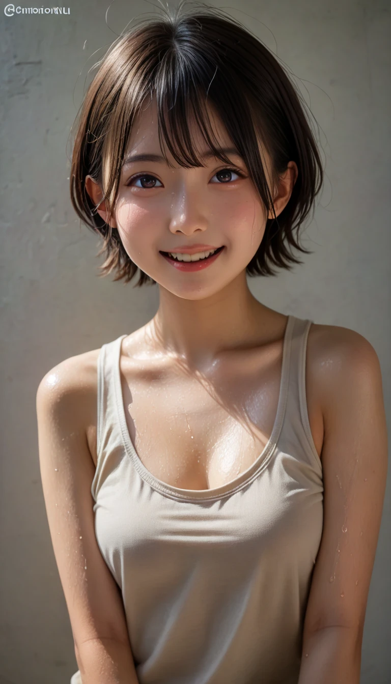 ( 1 girl)、 very cute face、 great face and eyes、( very detailed eyes、 very detailed face)、Fresh、 very beautiful appearance、(超 real、 high definition )、( top quality:1.4)、 RAW photos 、( real、 real:1.37)、 professional photos  (、 short hair )、 ((very light and wet beige tank top:1.2))、 cleavage、( off the shoulder )、Laugh a little、(look at me)、bedroom、 girl portrait、(( small breasts))、(勃起した乳首:1.1)、 off the shoulder 、************