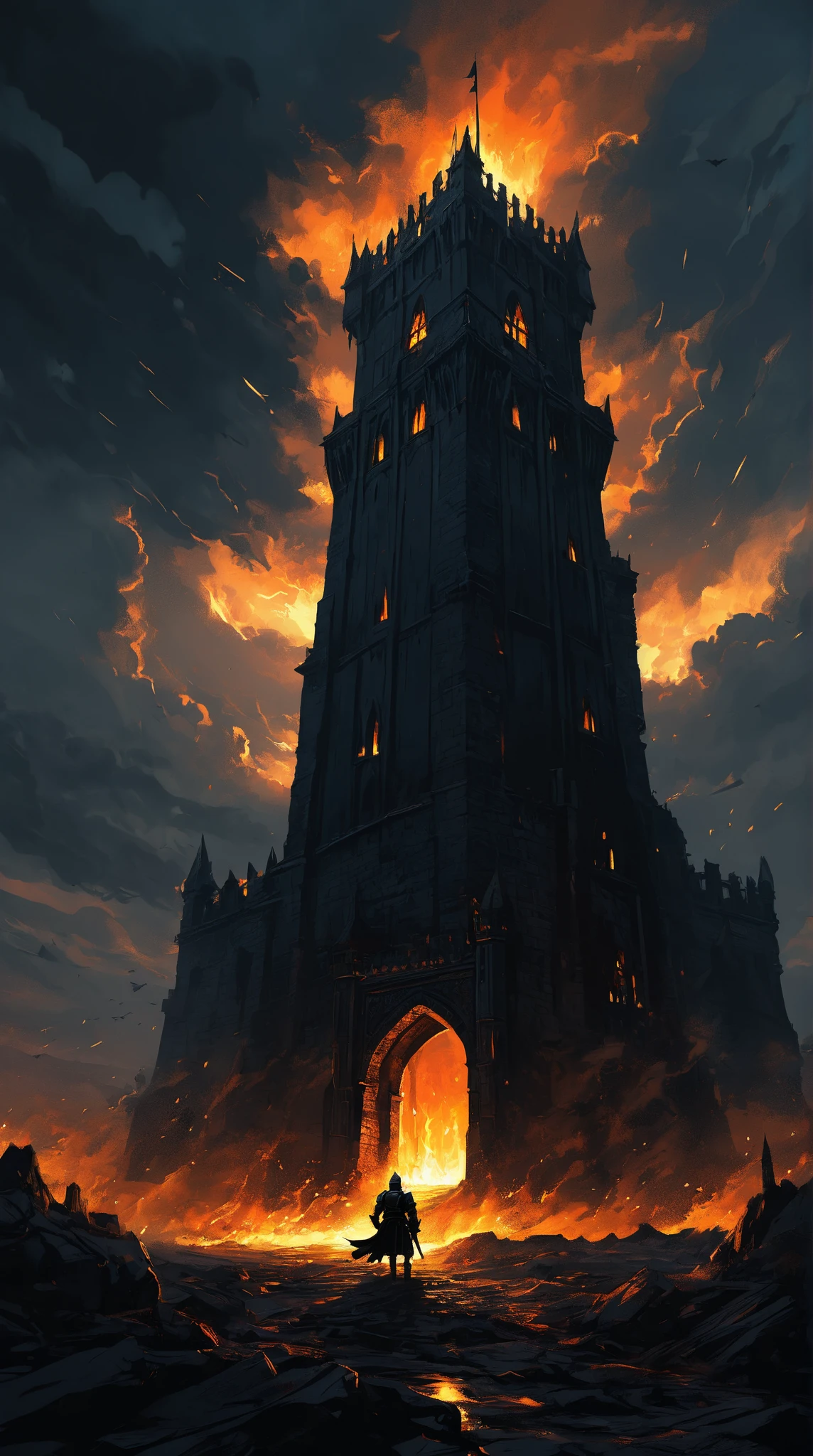 scenery picture in style (concept art:1.3) of a (gigantic black tower :1.3) with fire windows and doors, a small (silhouette:1.3) low-angle from-behind of a (knight:1.3), illustration, (splash art), wallpaper, {style of Benedick Bana|style of Christopher Balaskas|style of Noah Bradley}, burning the ground, senses of dread, (fantasy theme, epic vibe), set in medieval, knight final stand, (amazing background:1.3), (dramatic clouds), dark sky, (meteors fall), dramatic lighting, intricate detailed, cinematic, high-resolution image.