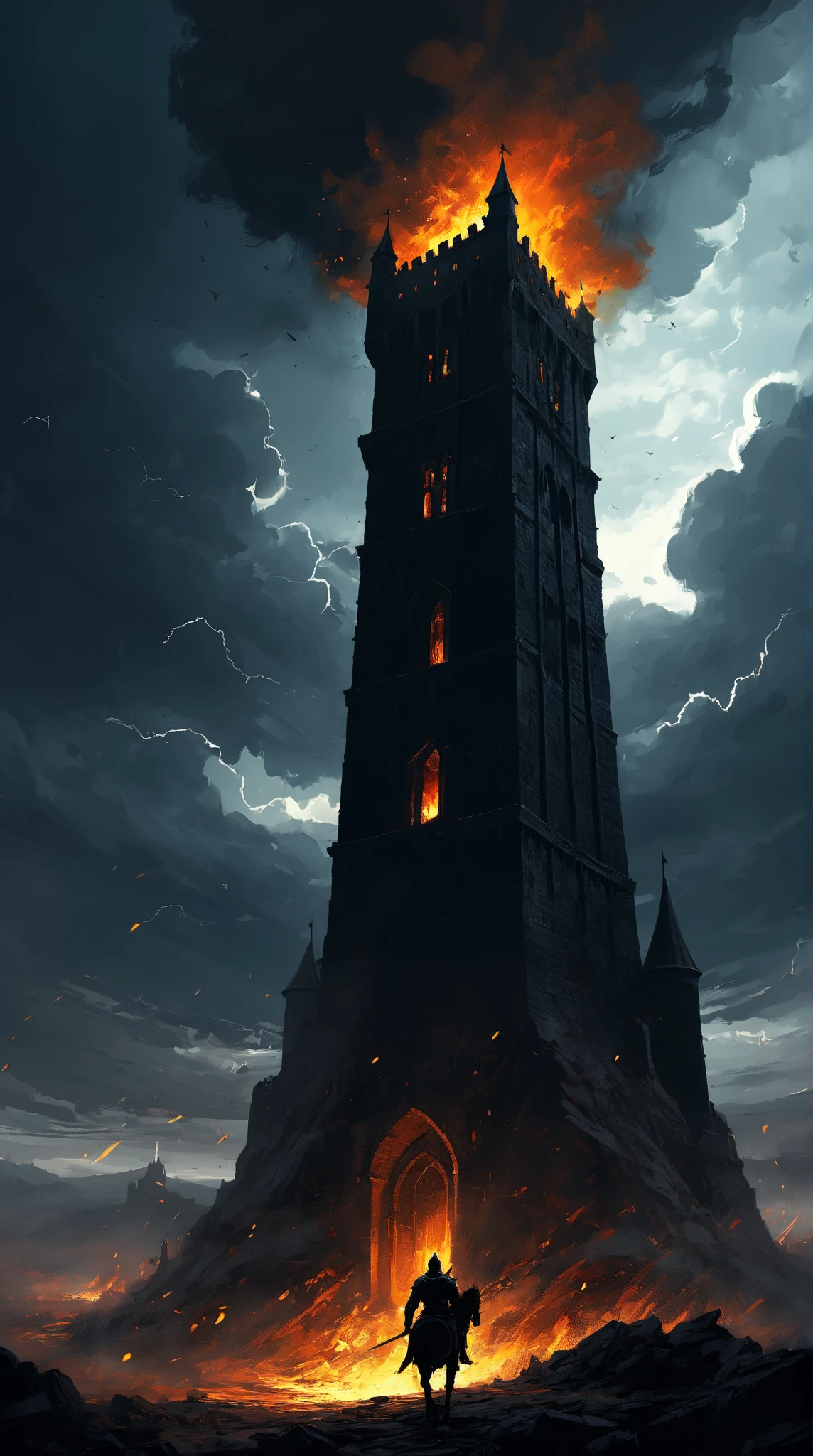 scenery picture in style (concept art:1.3) of a (gigantic black tower :1.3) with fire windows and doors, a small (silhouette:1.3) low-angle from-behind of a (knight:1.3), illustration, (splash art), wallpaper, {style of Benedick Bana|style of Christopher Balaskas|style of Noah Bradley}, burning the ground, senses of dread, (fantasy theme, epic vibe), set in medieval, knight final stand, (amazing background:1.3), (dramatic clouds), dark sky, (meteors fall), dramatic lighting, intricate detailed, cinematic, high-resolution image.