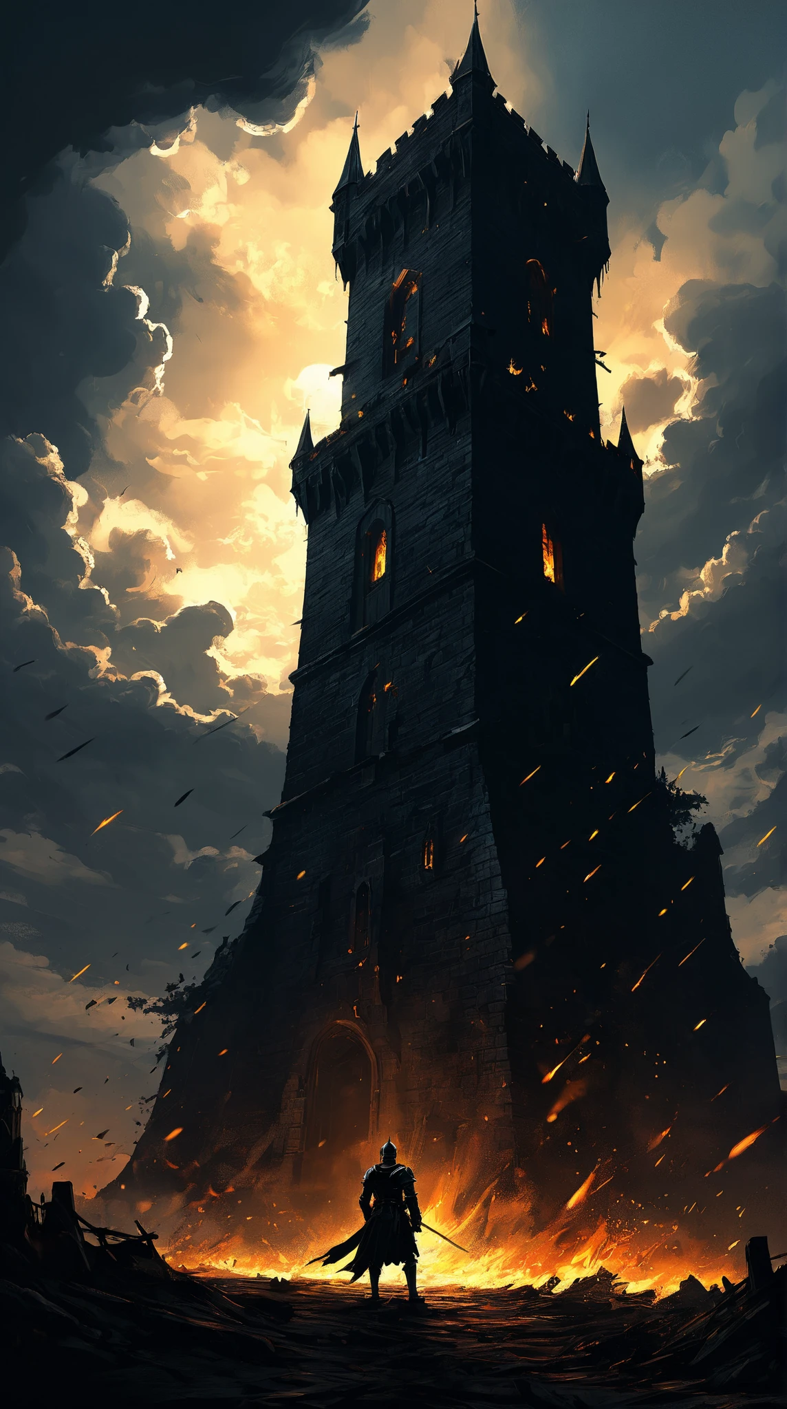 scenery picture in style (concept art:1.3) of a (gigantic black tower :1.3) with fire windows and doors, a small (silhouette:1.3) low-angle from-behind of a (knight:1.3), illustration, (splash art), wallpaper, {style of Benedick Bana|style of Christopher Balaskas|style of Noah Bradley}, burning the ground, senses of dread, (fantasy theme, epic vibe), set in medieval, knight final stand, (amazing background:1.3), (dramatic clouds), dark sky, (meteors fall), dramatic lighting, intricate detailed, cinematic, high-resolution image.