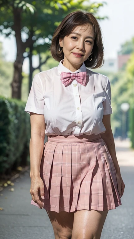 full body shot, from below,  Japanese woman with a viewing angle of, Wife, (78 years old:1.6),  detailed face , Facial wrinkles, Wrinkles around the eyes, smile,  detailed skin texture,  white skin,  heavy makeup ,  long hair, (curvy body, saggy breasts), (earrings, school uniform, short sleeve shirt, summer style with light fabric, bow tie, pink mini skirt, plaid pleated mini skirt:1.2), ( wearing high heels:1.2), (Walking in the park,  photograph the whole body from toe to head:1.2), (surrealism, best quality, ultra detailed, absolutely resolution, 8k, anatomically correct), depth of field, looking at viewer, tachi-e, (gal.safetensors), (bimajo ), full body
