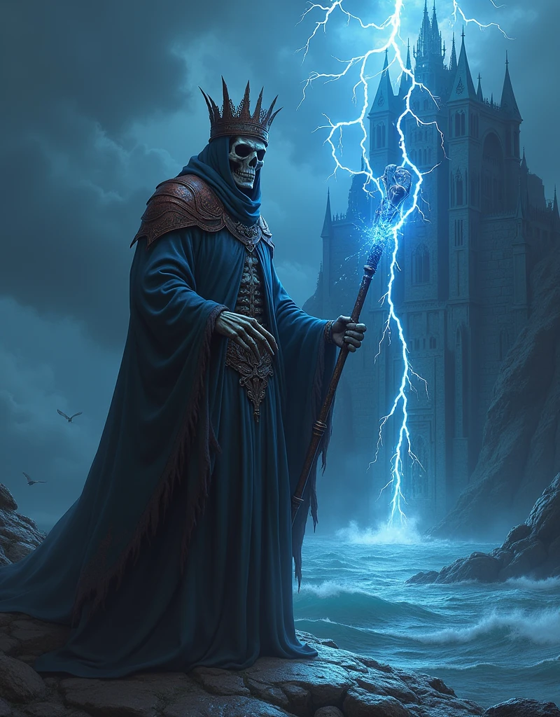 ((photo,maximum quality ,  high detail,realism,16k render ))  , a terrible lich sorcerer in a rusty crown  , with a staff sparkling blue lightning in his hand ,((  stands at the entrance to his witchcraft black tower in the Gothic style)) ,on a mountain on the shore of a stormy sea ,фотоrealism( The black gothic Kolodovskaya tower at the entrance is Lich ) looking from the bottom up ,camera 0 . 5 meters above the ground , looking from the bottom up  на лича и его башню,