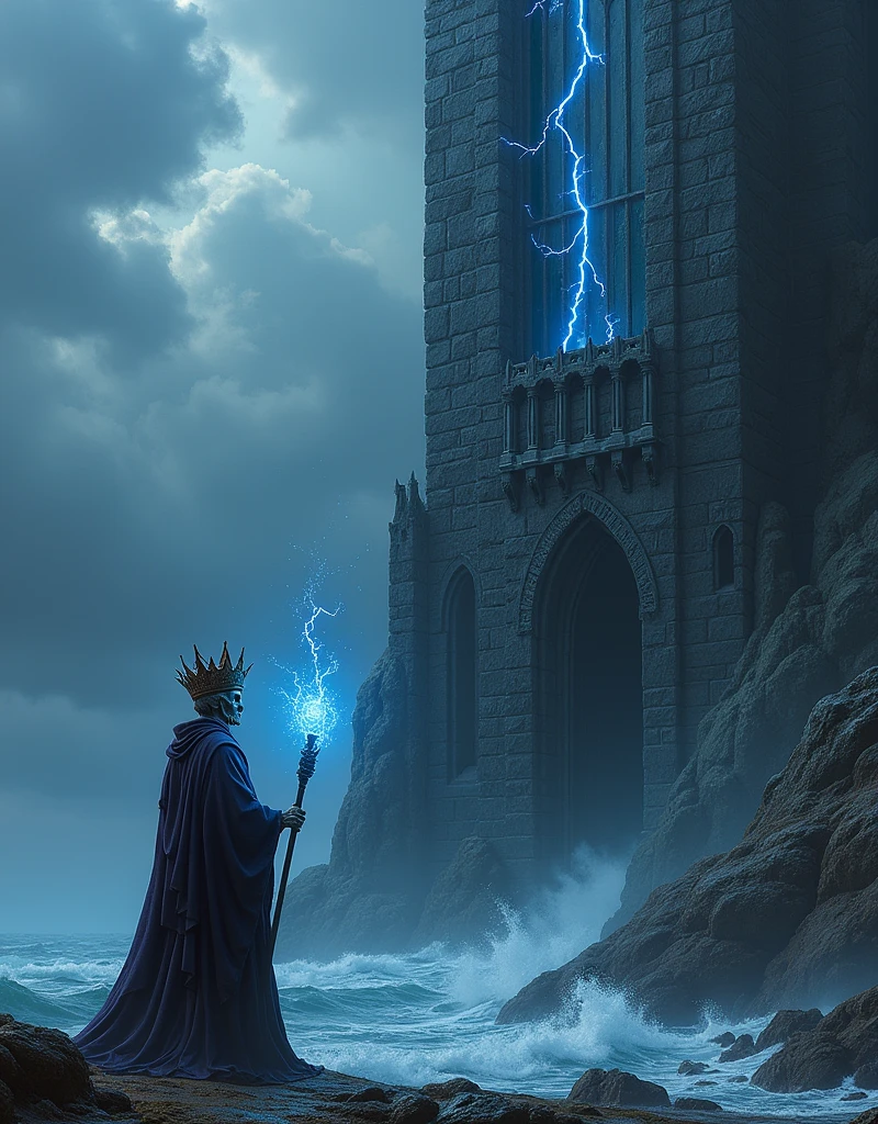 ((photo,maximum quality ,  high detail,realism,16k render ))  , a terrible lich sorcerer in a rusty crown  , with a staff sparkling blue lightning in his hand ,((  stands at the entrance to his witchcraft black tower in the Gothic style)) ,on a mountain on the shore of a stormy sea ,фотоrealism( The black gothic Kolodovskaya tower at the entrance is Lich ) looking from the bottom up ,camera 0 . 5 meters above the ground , looking from the bottom up  на лича и его башню,