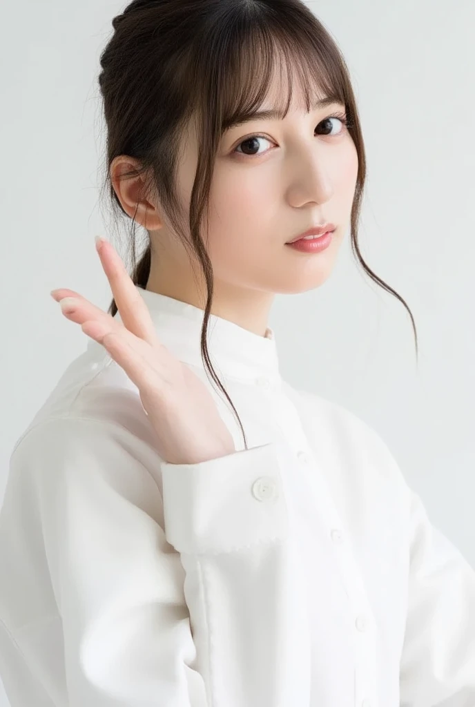   close-up portrait of a cute thing sitting young asian woman standing on a pure white background .   the woman has dark brown hair with bangs  ,   bright eyes and dark brown eyebrows  , and dark brown eyes.  She's Smiling ,   her lips are slightly slack  ,  and she has ringed  ,  pink cheeks.   the woman's hair is pulled back  ,   bangs pulled back from above 、It's flowing down her forehead  .   she's buttoned on her collar 、 wearing a long sleeve white shirt buttoned on her chest .  She's posing for the camera  .   her right arm is facing the side of the frame  ,   x} and one ear on her left wrist are hidden below her waist while open  .  