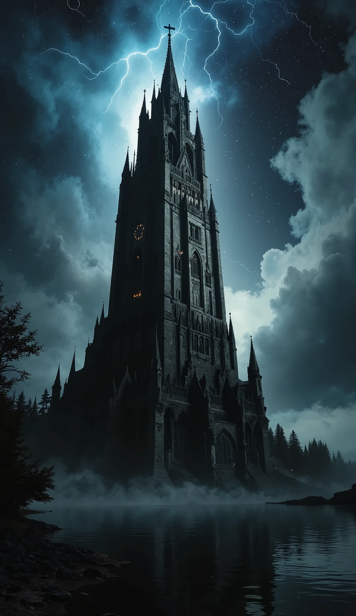 Create a photorealistic and atmospheric scene featuring an immensely tall gothic-style black rock skyscraper, rising dramatically near the edge of a calm city lake on a stormy night. The tower, as high as the tallest structures in the world, dominates the skyline with its soaring spires, pointed arches, and intricate stone carvings etched into its dark, weathered black rock surface. Its colossal form stretches endlessly into the stormy sky, almost disappearing into the swirling clouds. Despite its shadowy facade, scattered artificial lights—warm yellows, icy blues, and faint purples—glow softly from windows and narrow openings, creating an otherworldly contrast against the darkness.

The lake in the foreground mirrors the tower’s overwhelming scale and glowing lights. Its reflection shimmers on the water’s surface, slightly distorted by subtle ripples caused by falling raindrops. Occasional lightning bolts streak across the sky, briefly illuminating the intricate gothic details—sharp spires, gargoyles perched high above, and delicate tracery carved into the black stone—while casting dramatic highlights and shadows that emphasize the tower’s immense verticality.

The stormy weather amplifies the scene’s tension, with dense, churning clouds in dark grays and deep blues swirling ominously overhead. Light rain falls steadily, creating faint streaks through the air, while a soft mist rises from the lake’s surface, blurring the boundary between water and sky. The tower looms as an imposing monolith, an architectural marvel that feels both ancient and timeless.

The color palette is dominated by deep blacks, cool grays, and subtle hues of electric blue and dim purple. Focus on the immense height and intricate detailing of the gothic black rock skyscraper, the interplay of light and shadow, and the haunting reflections on the water, creating a cinematic, moody atmosphere that exudes grandeur, mystery, and awe.