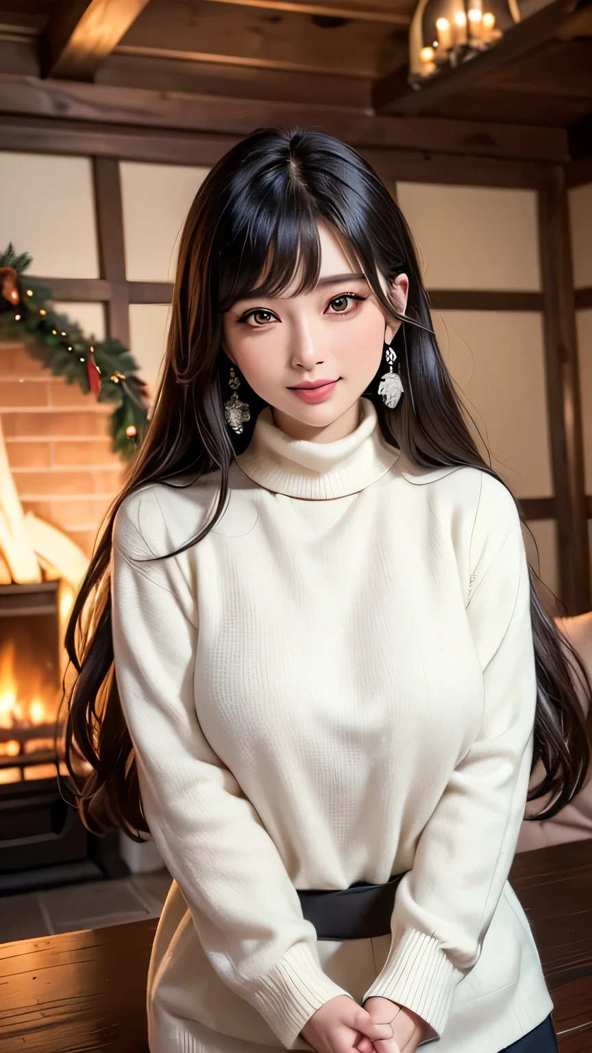 (( super high resolution forest background 、 super high resolution forest background で描かれたすべて、 big window:1.4、 Snowfall:1.4、 LOG HOUSE WITH HIGH CEILING :1.2)(Living room with fireplace、 a big tall Christmas tree :1.4)):background、8k wallpaper, RAW photos ,( beautiful girl alone )、 ( small smile :1.1)、( Big Breasts :1.4 )、( diamond earrings )、( beautiful )、( Dark Brown Gloss 々 long straight hair )、( hair:1.2)、 long, well-groomed upper and lower lashes 1.1、( Silver Eyes )、、 symmetrical depiction of both eyes :1.2、 BEAUTIFUL NATURAL EYE MAKEUP:1.1、 lip gloss、 Beautiful, lustrous skin、 cute blush smile 、 top quality、 masterpiece :1.2、Portraiture、 perfect angle、 professional photography, (She doesn't show her skin :1.2 Winter Sonata Winter clothes Christmas colored crew neck sweater that holds hands:1.4 、layered blouse :1.4 )、( High Contrast)、