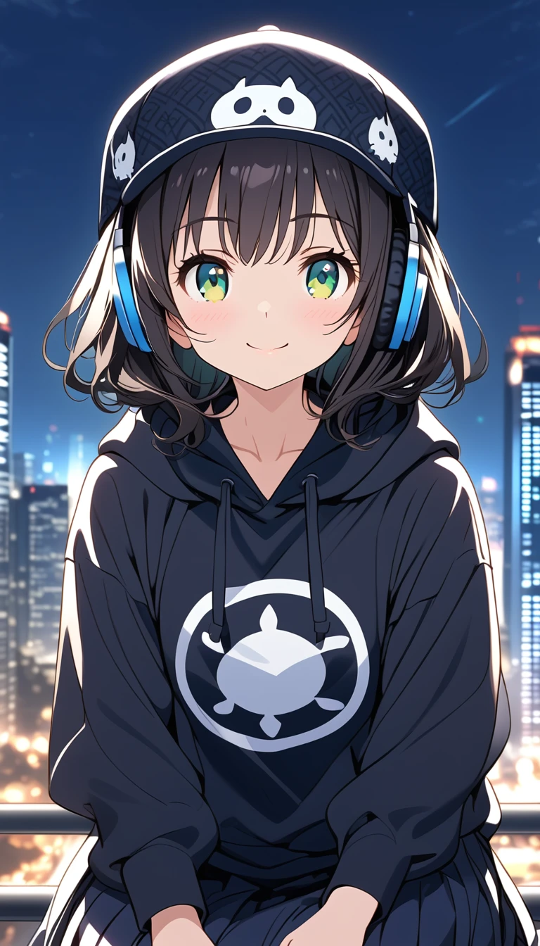 {{{masterpiece}}}, {{{ top quality}}}, {{ ultra detailed }}, { beautiful,  detail eyes},  1 girl , Alone, (( black hair)),  bob cut, (( green eyes)), (wavy hair ), (pattsun maegami), Black headphones, , (cute black patterned hoodie ), cute black patterned hat,( cute black long skirt) is a smiling face ,tooth,pattsun maegami,Midea, black hoodie, jade colored eyes,Night City,
