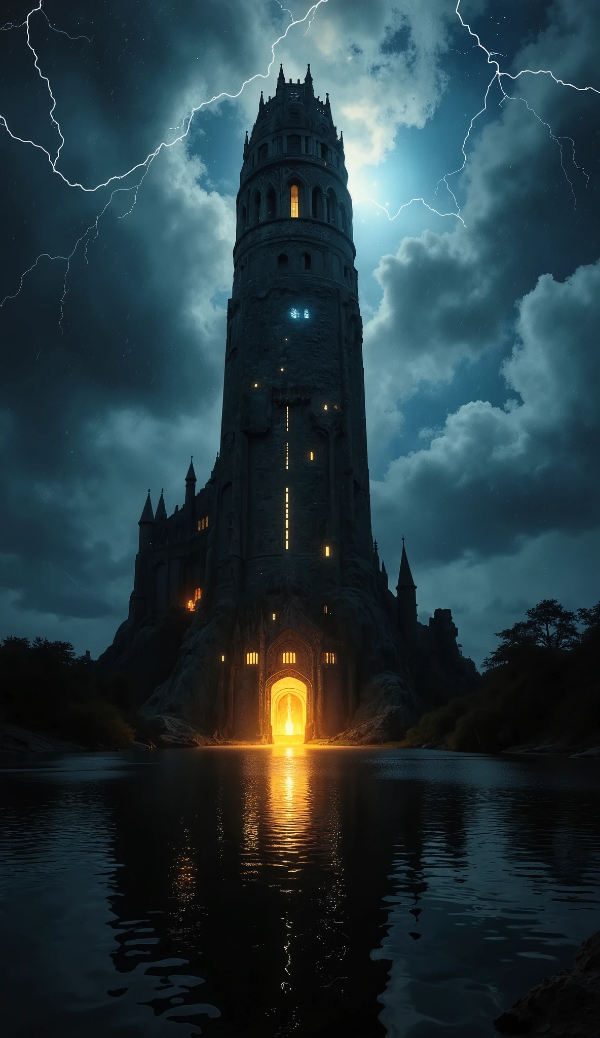 Create a photorealistic and atmospheric scene featuring an immensely tall gothic-style black rock skyscraper, rising dramatically near the edge of a calm city lake on a stormy night. The tower, as high as the tallest structures in the world, dominates the skyline with its soaring spires, pointed arches, and intricate stone carvings etched into its dark, weathered black rock surface. Its colossal form stretches endlessly into the stormy sky, almost disappearing into the swirling clouds. Despite its shadowy facade, scattered artificial lights—warm yellows, icy blues, and faint purples—glow softly from windows and narrow openings, creating an otherworldly contrast against the darkness.

The lake in the foreground mirrors the tower’s overwhelming scale and glowing lights. Its reflection shimmers on the water’s surface, slightly distorted by subtle ripples caused by falling raindrops. Occasional lightning bolts streak across the sky, briefly illuminating the intricate gothic details—sharp spires, gargoyles perched high above, and delicate tracery carved into the black stone—while casting dramatic highlights and shadows that emphasize the tower’s immense verticality.

The stormy weather amplifies the scene’s tension, with dense, churning clouds in dark grays and deep blues swirling ominously overhead. Light rain falls steadily, creating faint streaks through the air, while a soft mist rises from the lake’s surface, blurring the boundary between water and sky. The tower looms as an imposing monolith, an architectural marvel that feels both ancient and timeless.

The color palette is dominated by deep blacks, cool grays, and subtle hues of electric blue and dim purple. Focus on the immense height and intricate detailing of the gothic black rock skyscraper, the interplay of light and shadow, and the haunting reflections on the water, creating a cinematic, moody atmosphere that exudes grandeur, mystery, and awe.