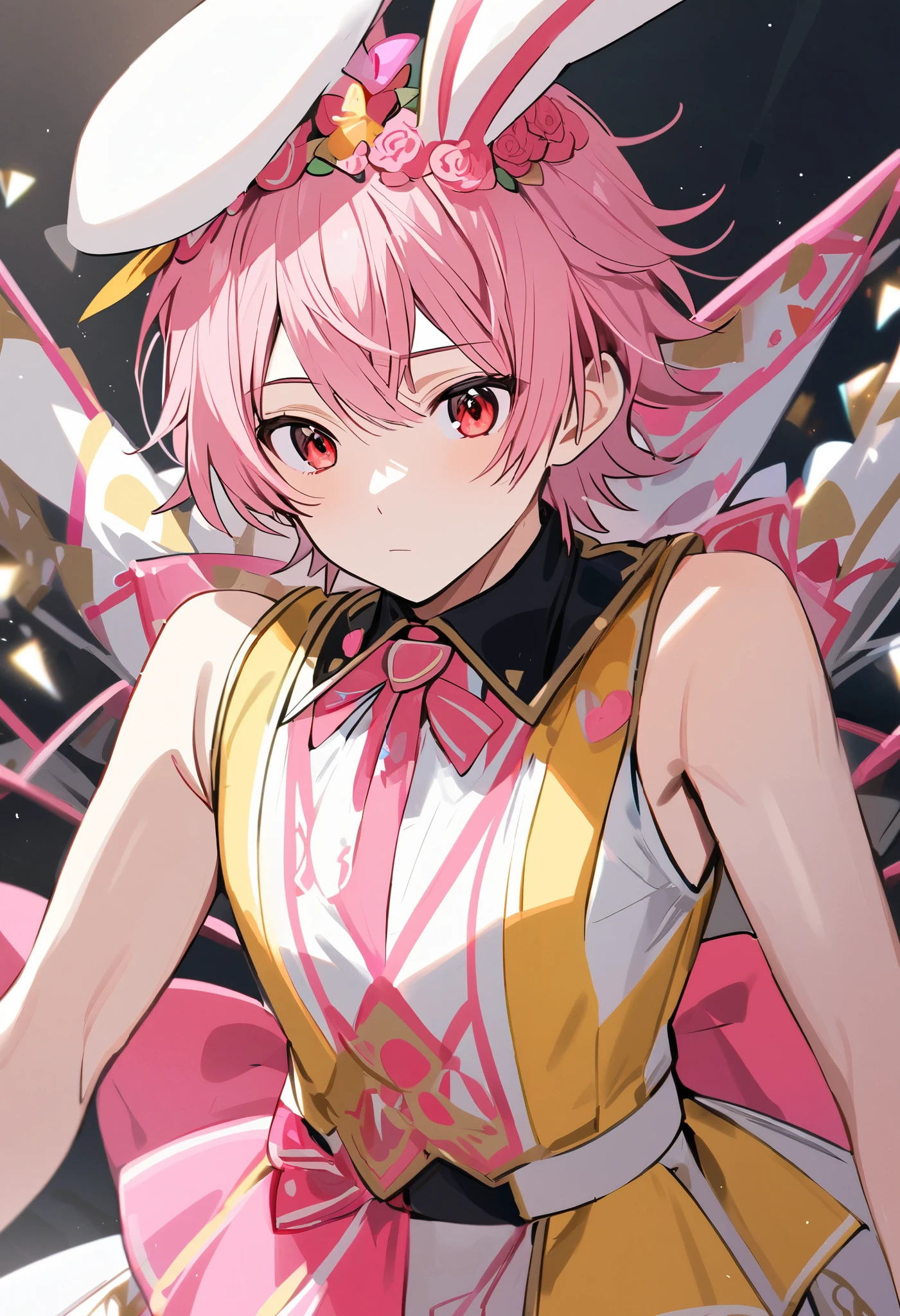 Pink-brown hair,Yellow and pink with kids princess costume,Sling white silk,red pupils,Tiger Tooth,Double ponytail bow,