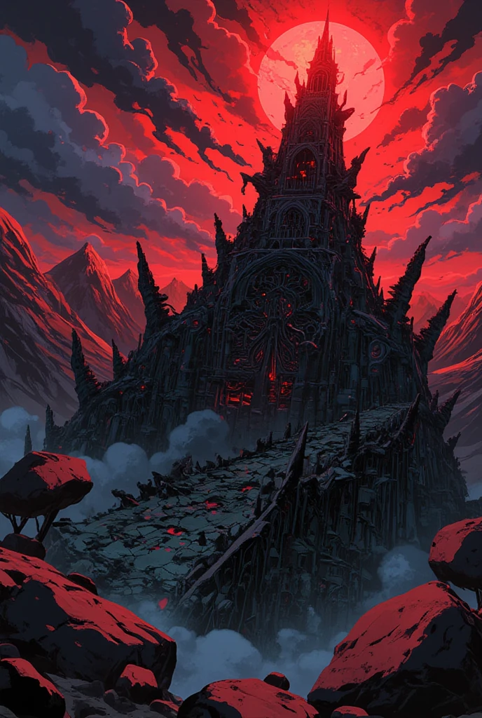 Create an illustration of a Dark Tower rising dramatically from the ground. The scene will show the Tower emerging from the ground with great force, cracking and rising from the ground around it. Draw a dynamic cloud of dust and large chunks of rock and dirt raining down. The Tower itself is dark and imposing, with intricate detail and an ominous presence. Include in the background a stormy sky, swirling clouds, lightning and a red sun for added dramatic effect. The overall atmosphere is one of power, mystery and awe. A perspective looking down from the top of the tower.