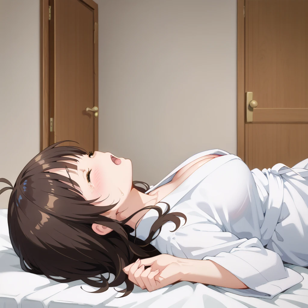  highest image quality taken by Ki、 High Quality 、(( full body shot ))girl, embarrassing, close eyes, red cheek,, white bathrobe, large breasts, dating, in dark hotel room, lie on back, bed, nsfw, orgasm, sex , man, throw, crying face, shy face ,one eye closed,Assatis FIDE LOOK ,beautiful light of inspiration, Yukori Mitsugi,from side
