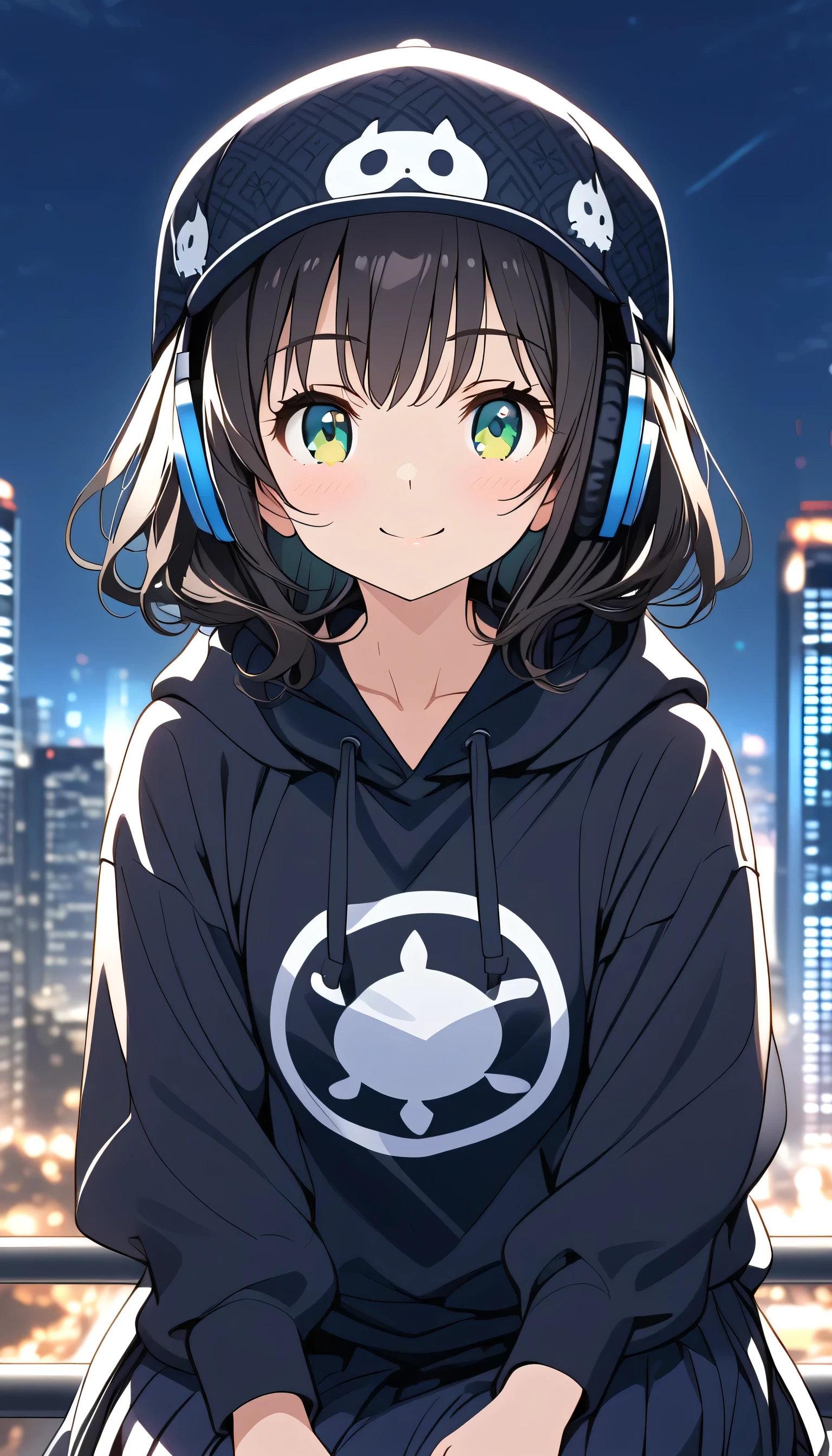 {{{masterpiece}}}, {{{ top quality}}}, {{ ultra detailed }}, { beautiful,  detail eyes},  1 girl , Alone, (( black hair)),  bob cut, (( green eyes)), (wavy hair ), (pattsun maegami), Black headphones, , (cute black patterned hoodie ), cute black patterned hat,( cute black long skirt) is a smiling face ,tooth,pattsun maegami,Midea, black hoodie, jade colored eyes,Night City,
