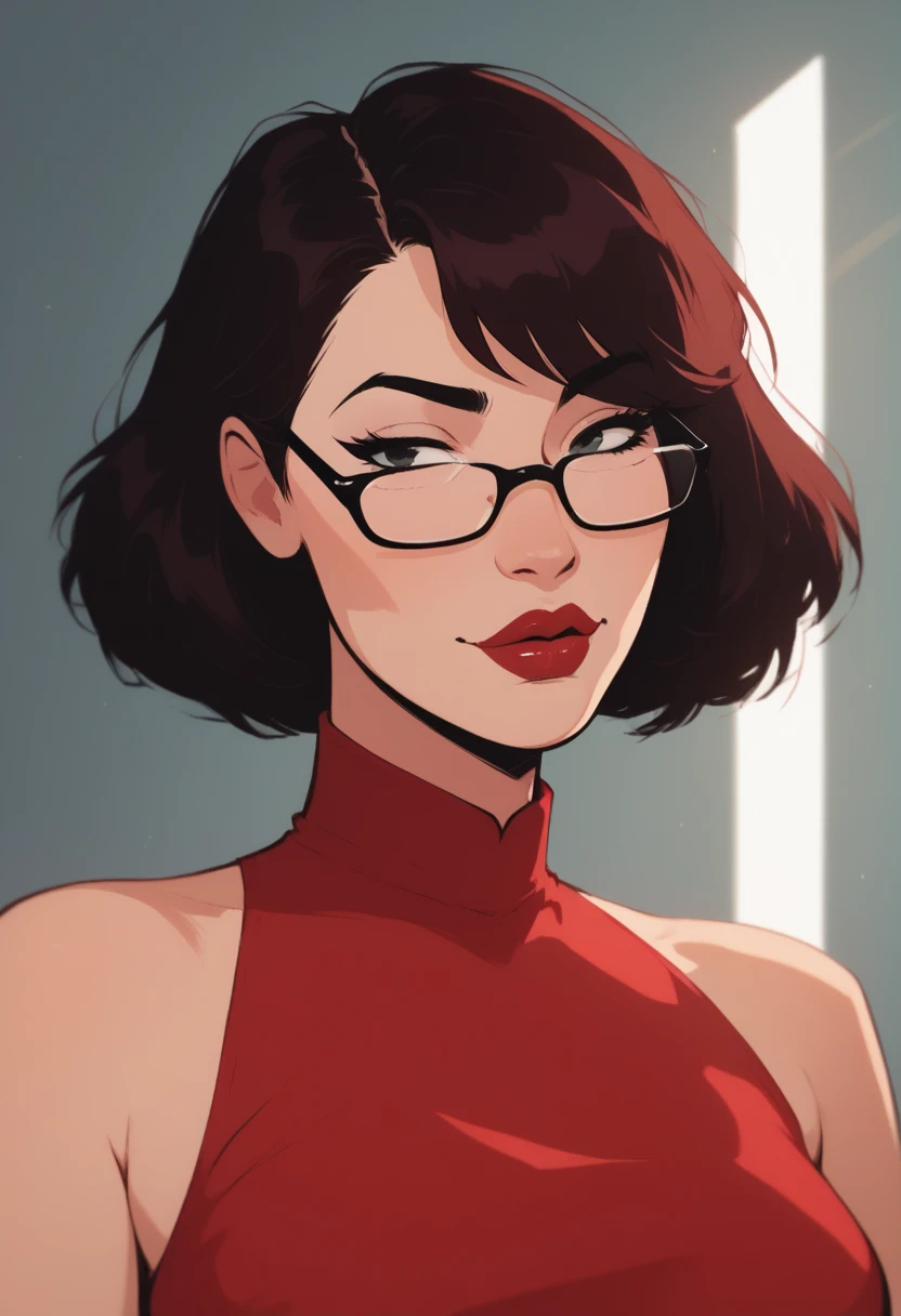 score_9, score_8_up, score_7_up, Western Comics, Portrait, girl, tunisian, cute, seductive, innocent, light smile:0.3, plump lips, slender body, short hair, slender, red lips, wearing glasses, wearing high detailed red dress, flirting, soft light passing through hair, side lighting, reflected light, depth of field, dynamic angle, fashion photography, sharp, hyperdetailed:1.15