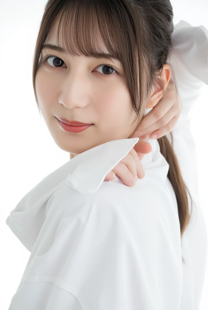   close-up portrait of a cute thing sitting young asian woman standing on a pure white background .   the woman has dark brown hair with bangs  ,   bright eyes and dark brown eyebrows  , and dark brown eyes.  She's Smiling ,   her lips are slightly slack  ,  and she has ringed  ,  pink cheeks.   the woman's hair is pulled back  ,   bangs pulled back from above 、It's flowing down her forehead  .   she's buttoned on her collar 、 wearing a long sleeve white shirt buttoned on her chest .  She's posing for the camera  .   her right arm is facing the side of the frame  ,   x} and one ear on her left wrist are hidden below her waist while open  .  