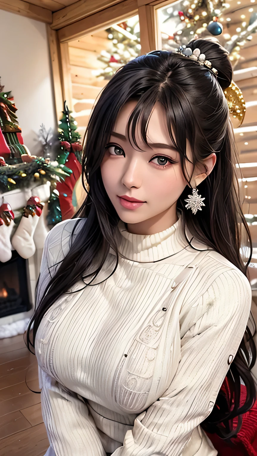 (( super high resolution forest background 、 super high resolution forest background で描かれたすべて、 big window:1.4、 Snowfall:1.4、 LOG HOUSE WITH HIGH CEILING :1.2)(Living room with fireplace、 a big tall Christmas tree :1.4)):background、8k wallpaper, RAW photos ,( Beautiful Girl Alone )、 ( small smile :1.1)、( Big Breasts :1.4 )、( diamond earrings )、( One cute girl、)、( Dark Grey Gloss 々 long straight hair that makes underwear look beautiful )、( hair:1.2)、 Well-groomed upper and lower lashes 1.1、( Silver Eyes:1.2 )、、 symmetrical depiction of both eyes :1.4、 Beautiful Natural Eye Makeup :1.2、 lip gloss、 Beautiful Glossy Skin 、 cute blush smile 、Anatomically correct fingers:1.4、 top quality、 masterpiece :1.2、Portraiture、 perfect angle:1.2、Upper body photo:1.2、 CG Social :1.05、 professional photography, (She doesn't show her skin :1.2 Winter Sonata (Winter clothes Christmas Colored Crewneck Sweater :1.4) 、layered blouse :1.4 )、( High Contrast)、