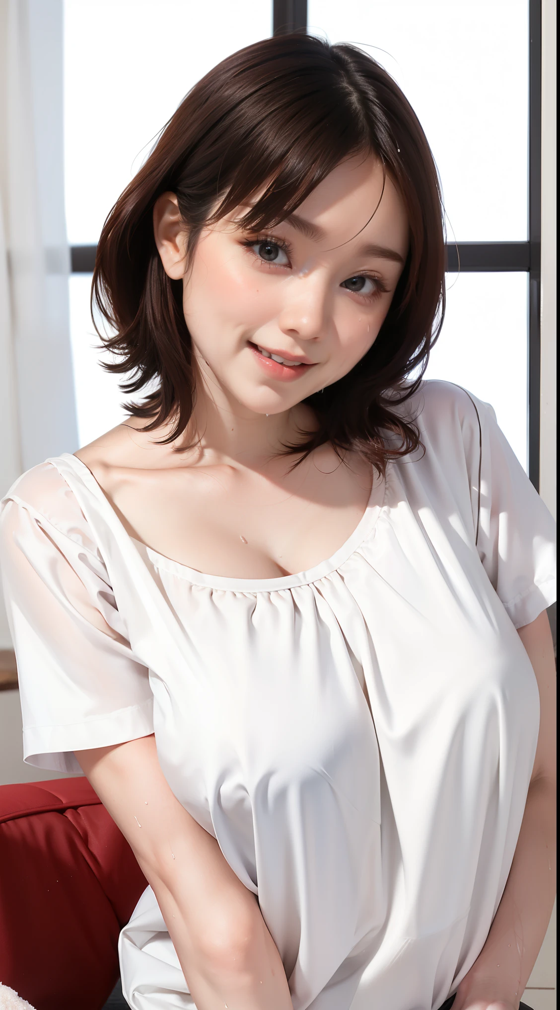 Take off your blouse、((bend down:1.2)),  (Big Saggy Breasts:1.4), (((realistic skin types))), (Oversized blouse:1.5),  (white blouse)、  that turns the womb inside out, (top quality、8k、32K、masterpiece)、 so cute、 squat、 bright smile、 Living Room 、 bright room 、 Blurry Background、Upper Body Closeup、Shooting from the sky 、Red Hair, (((Very wet))), ((I just got out of the bath :1.2)), 